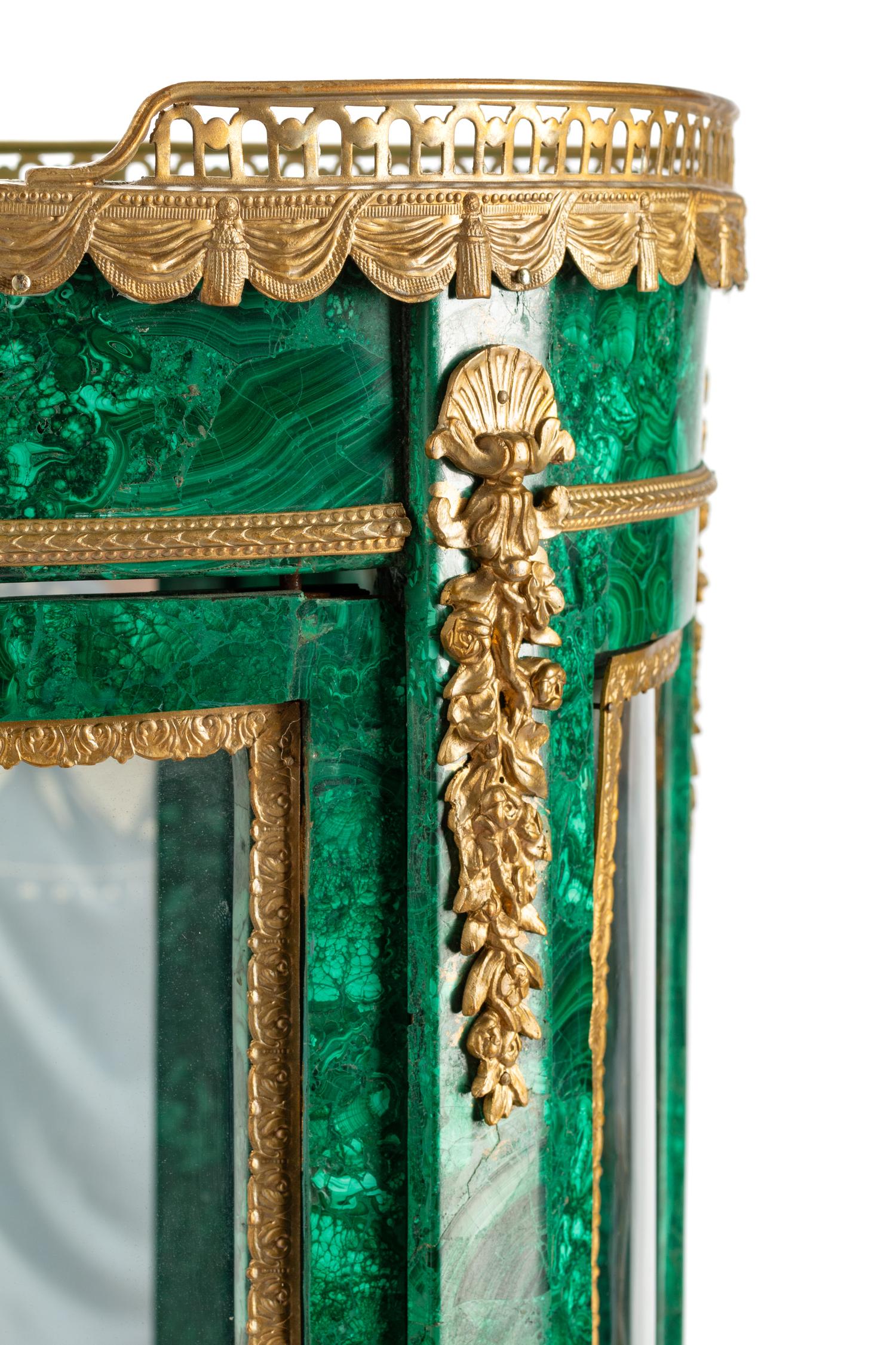 A Louis XV/XVI Transitional Style Gilt Bronze Mounted Malachite Vitrine Cabinet
