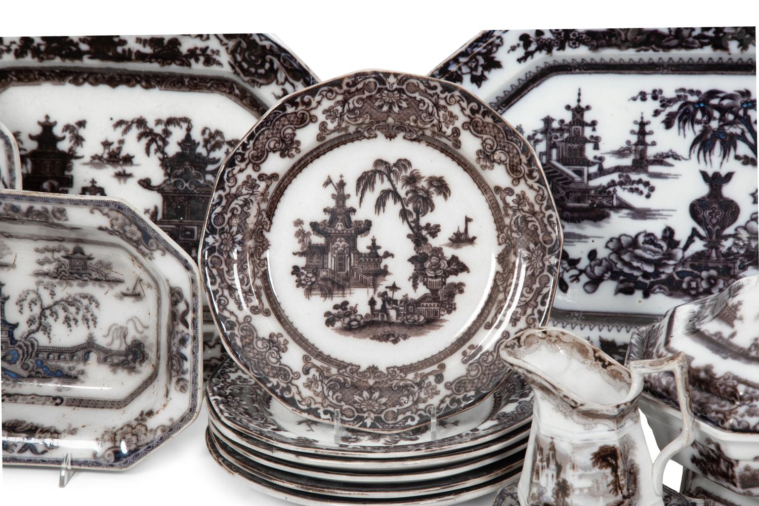 A Collection of Black and White Transfer-Decorated Ironstone