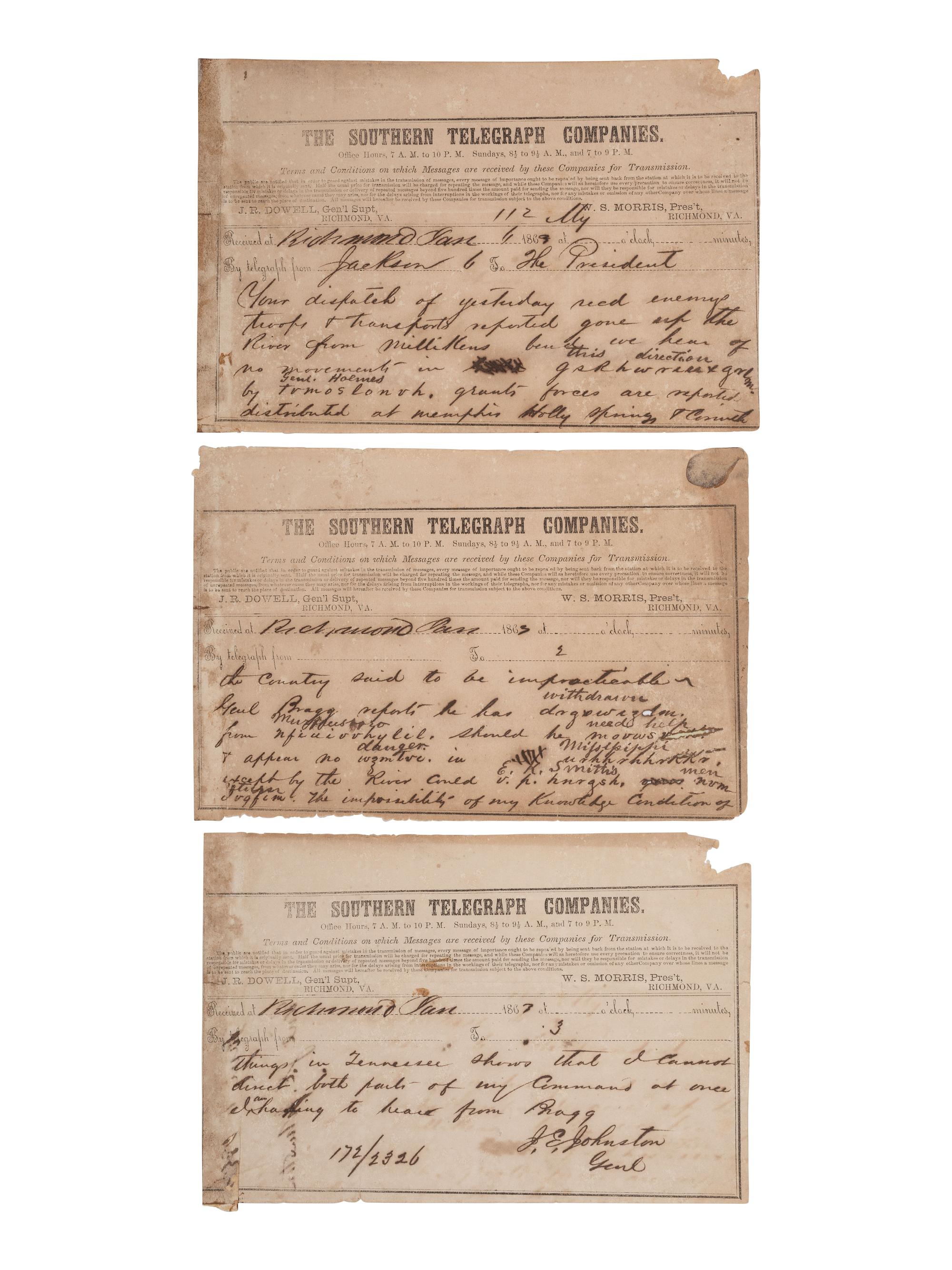 [CIVIL WAR]. Encoded CSA telegram from General Joseph Johnston to Jefferson Davis, 6 January 1863.