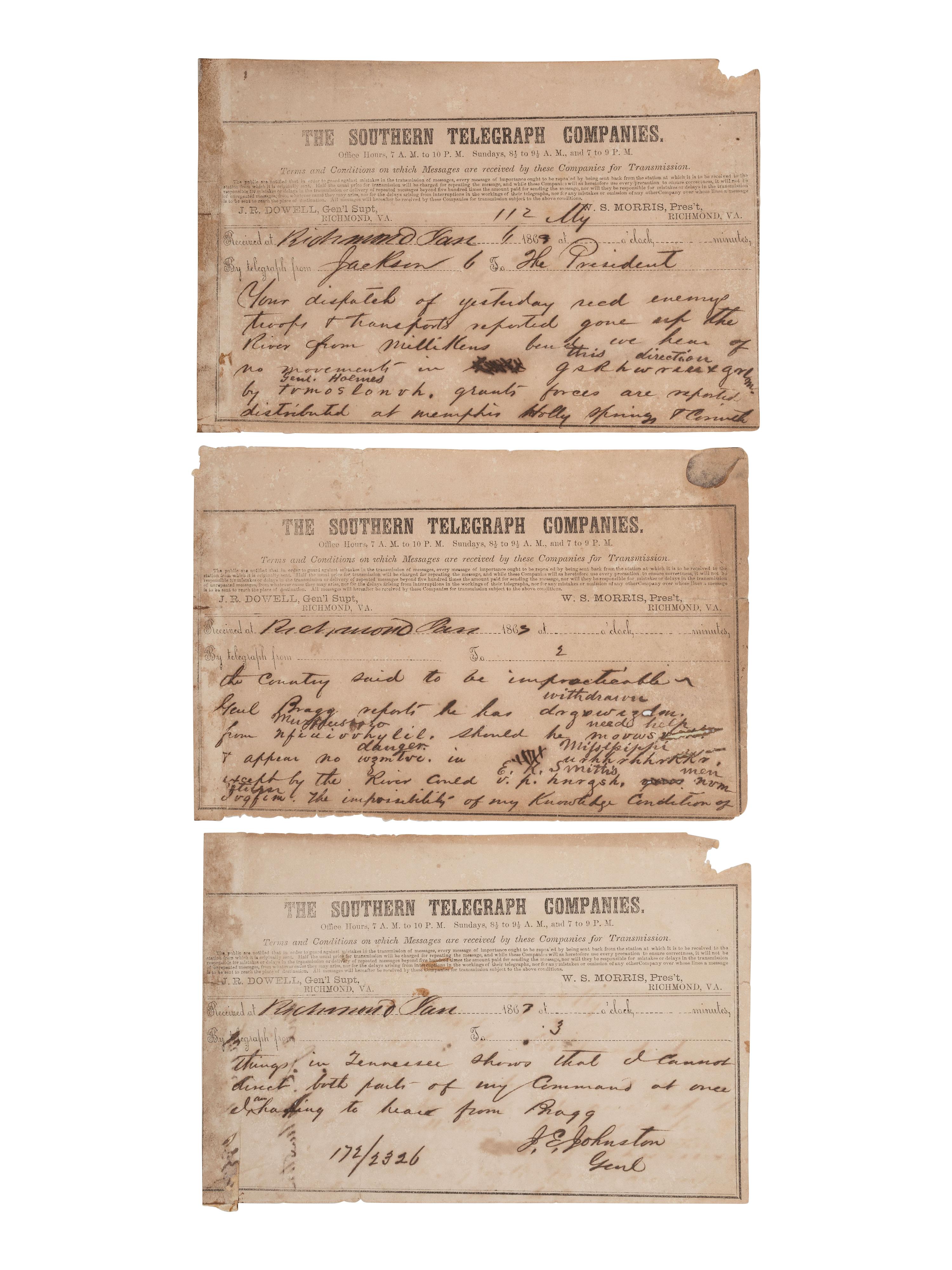 [CIVIL WAR]. Encoded CSA telegram from General Joseph Johnston to Jefferson Davis, 6 January 1863.