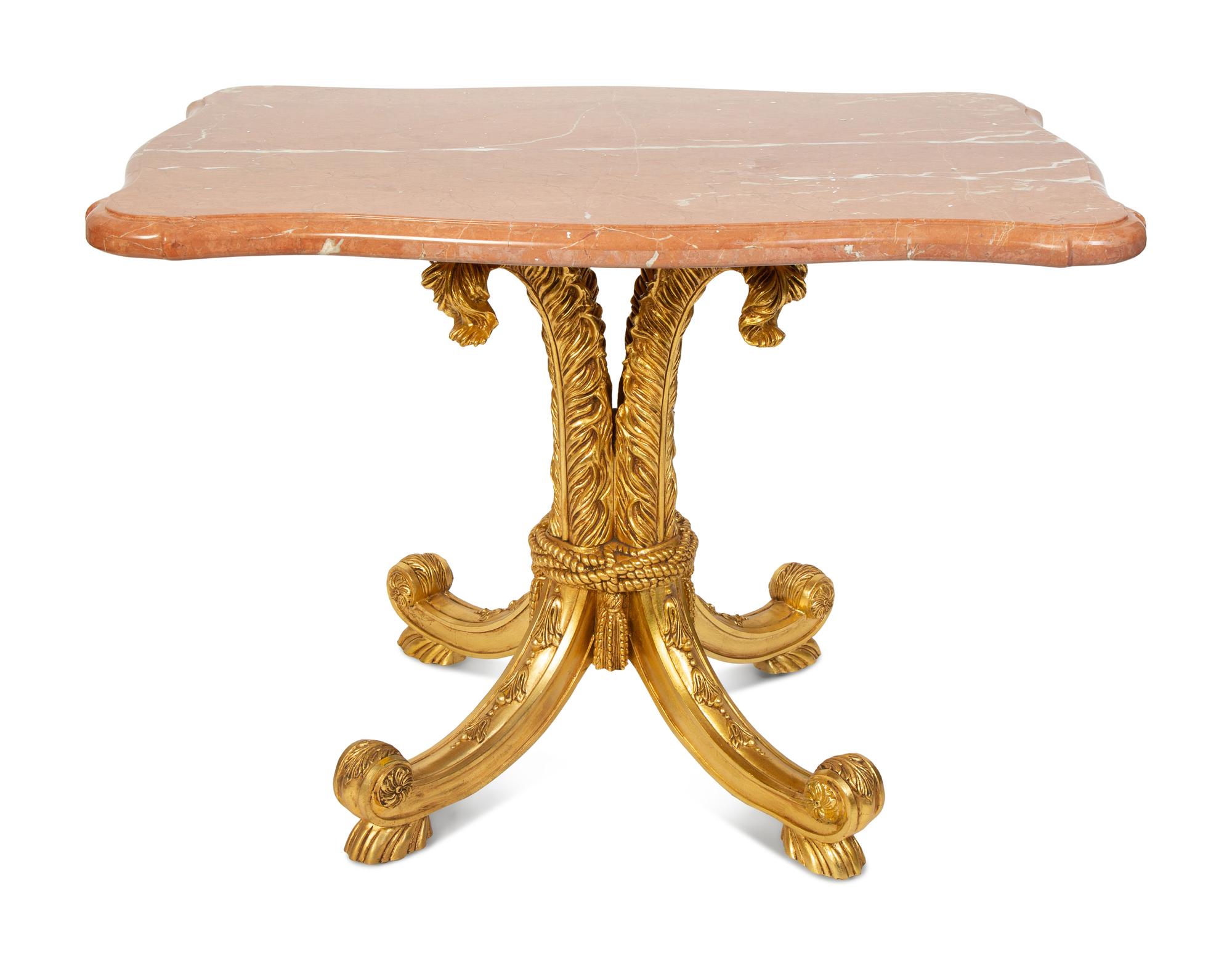 A Louis XV Style Carved Giltwood Rouge Marble Top Table — 20TH CENTURY