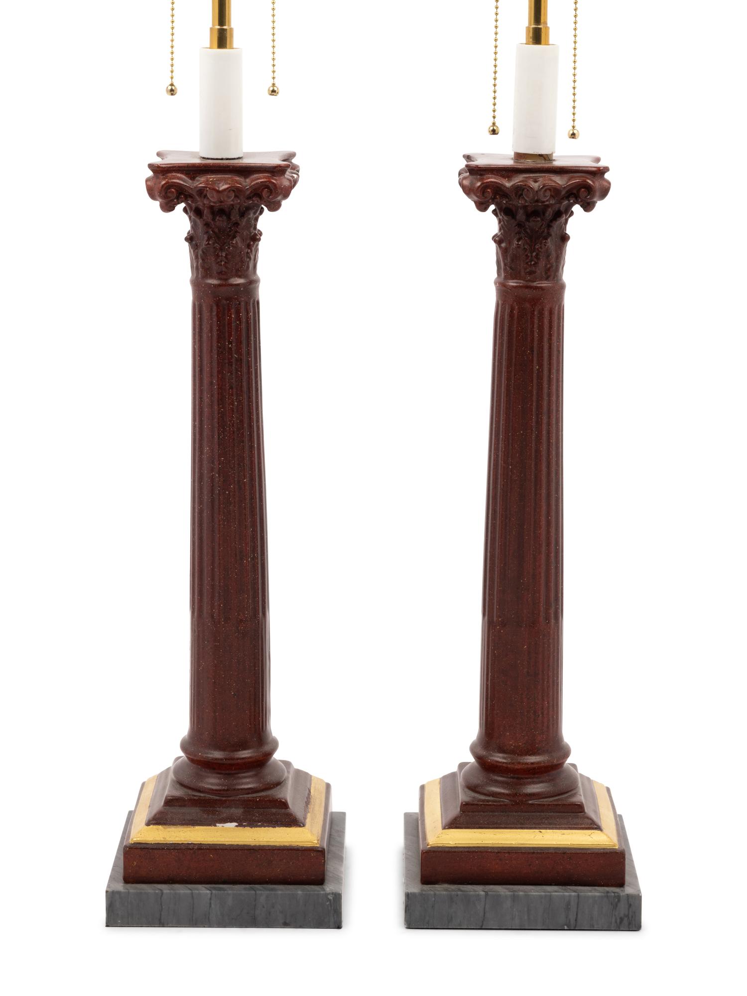 A Pair of Faux Porphyry Painted Columnar Two-Light Lamps with Marble Bases