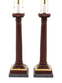 A Pair of Faux Porphyry Painted Columnar Two-Light Lamps with Marble Bases