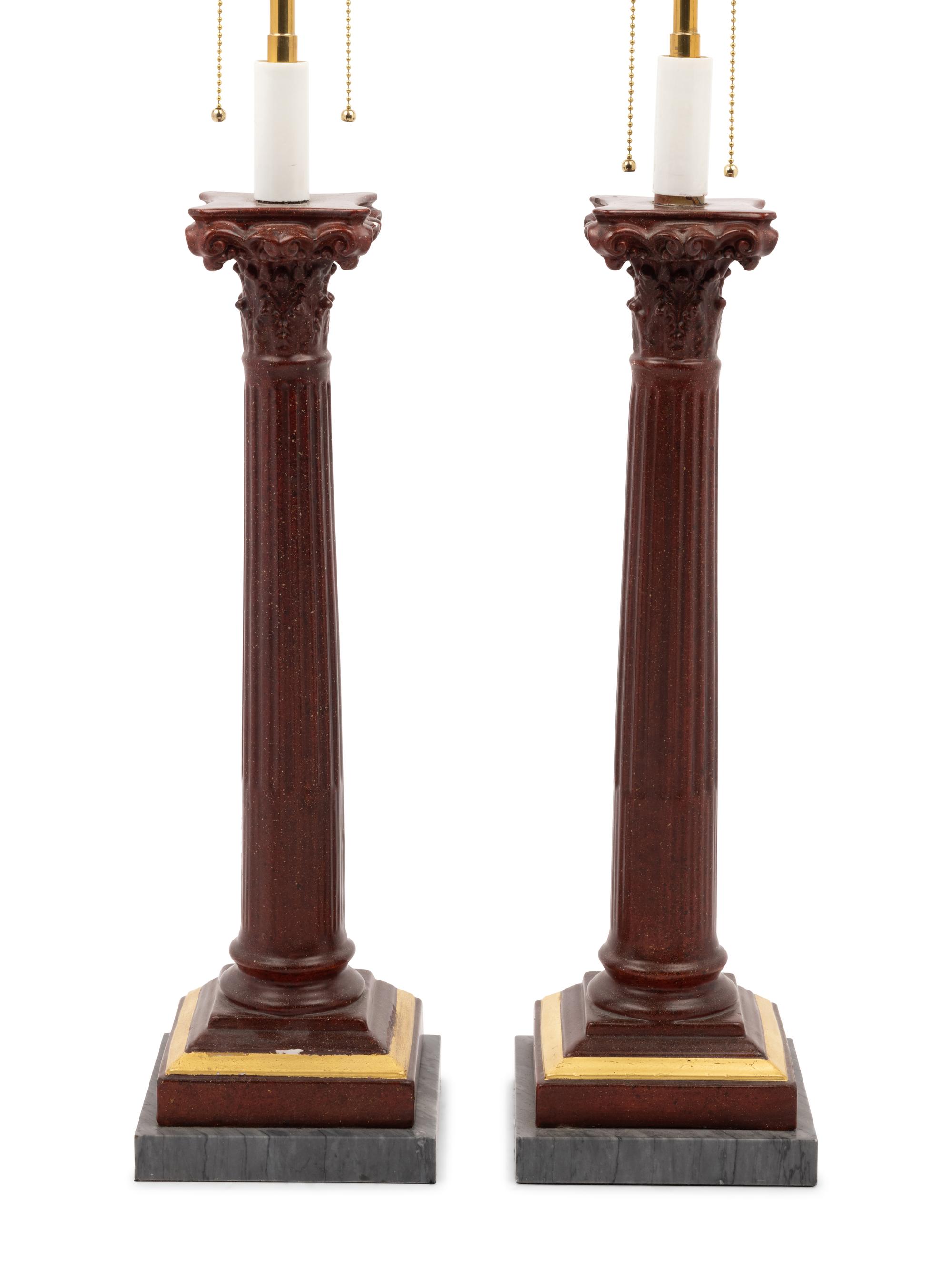 A Pair of Faux Porphyry Painted Columnar Two-Light Lamps with Marble Bases