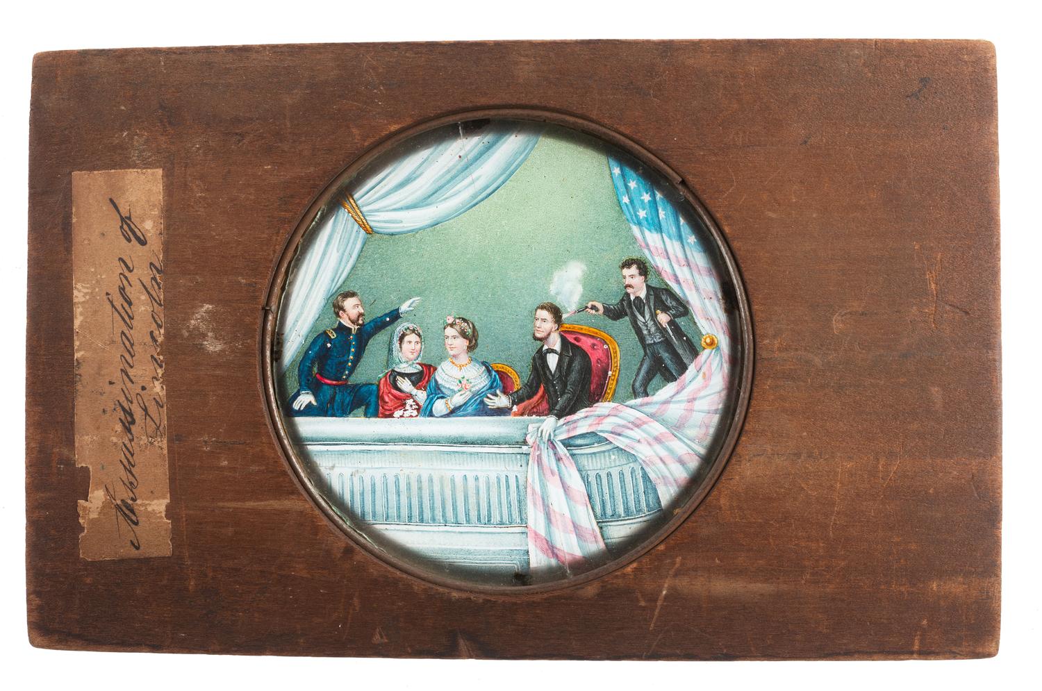 [LINCOLNIANA - MAGIC LANTERN SLIDES]. A collection of 65 assorted glass slides depicting important subjects and scenes depicting the life, death, and legacy of Abraham Lincoln, including: