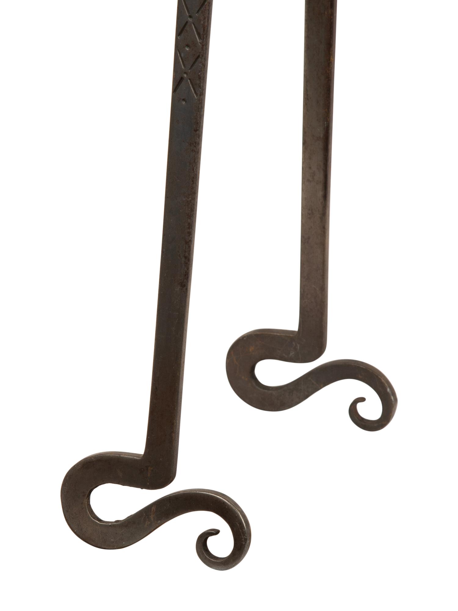 A Set of Continental Wrought Iron Fire Tools with a Pair of Tool Stands — 19TH CENTURY