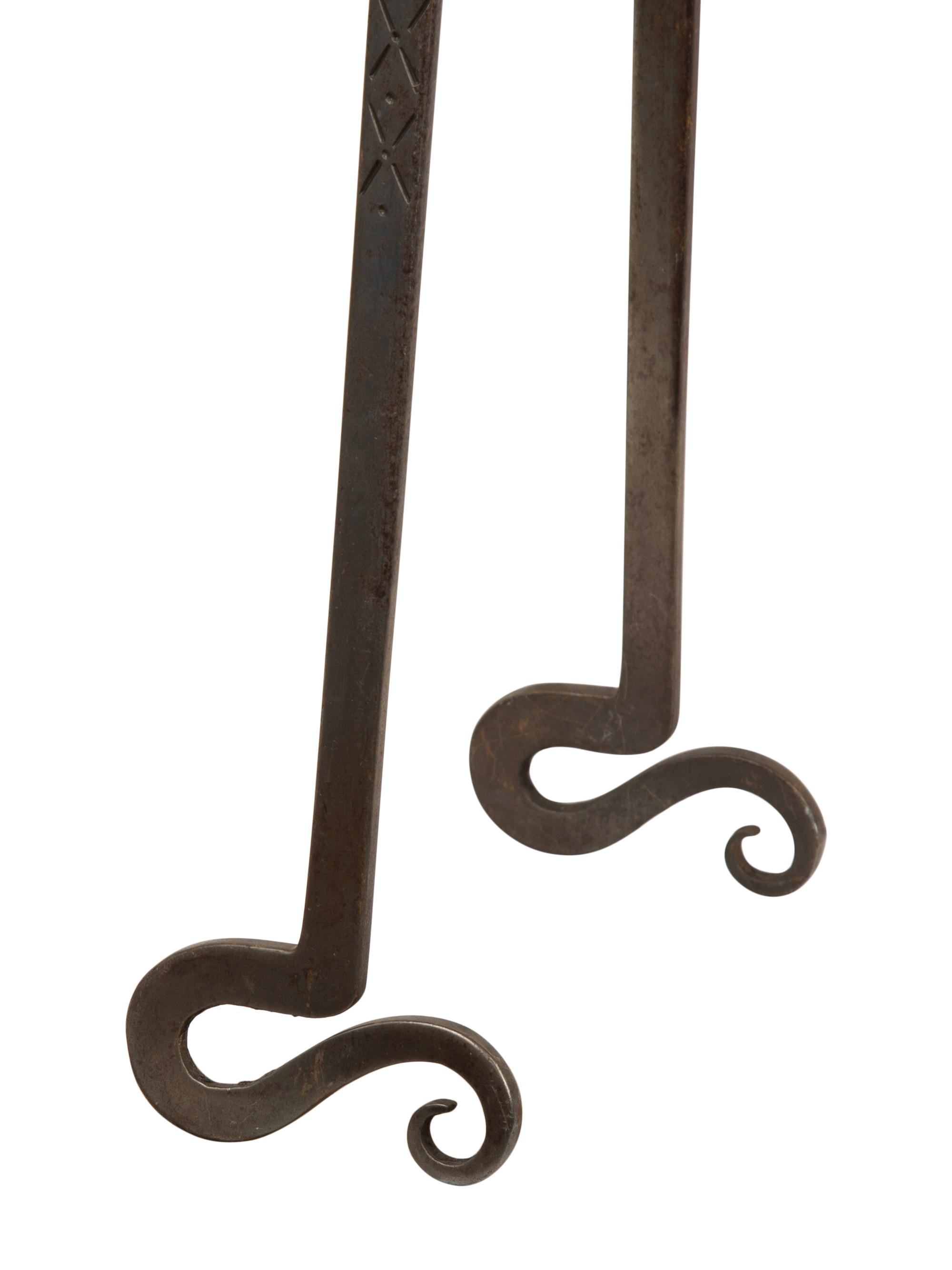 A Set of Continental Wrought Iron Fire Tools with a Pair of Tool Stands — 19TH CENTURY