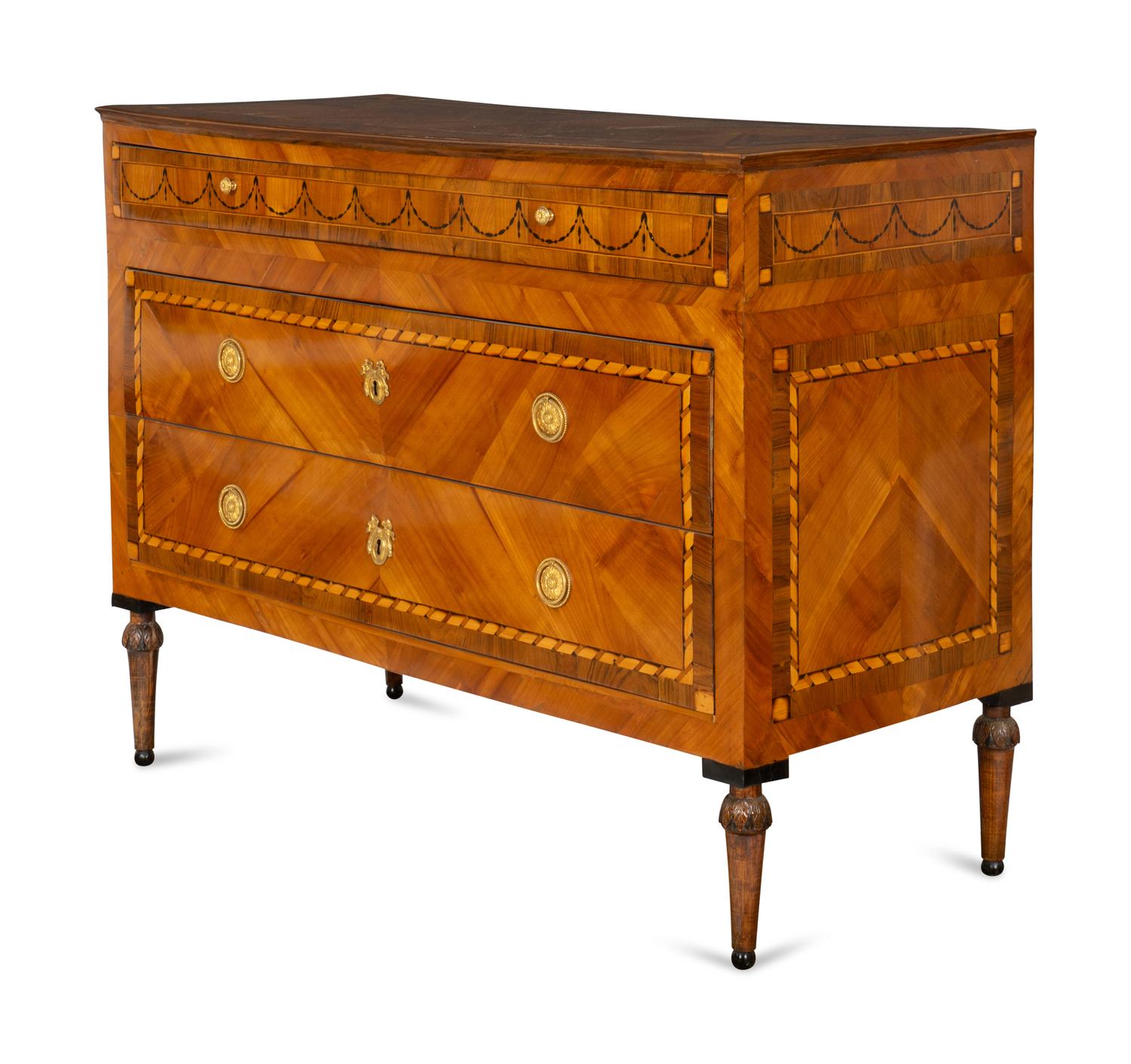 A Pair of Fine North Italian Neoclassical Walnut and Fruitwood Parquetry Commodes