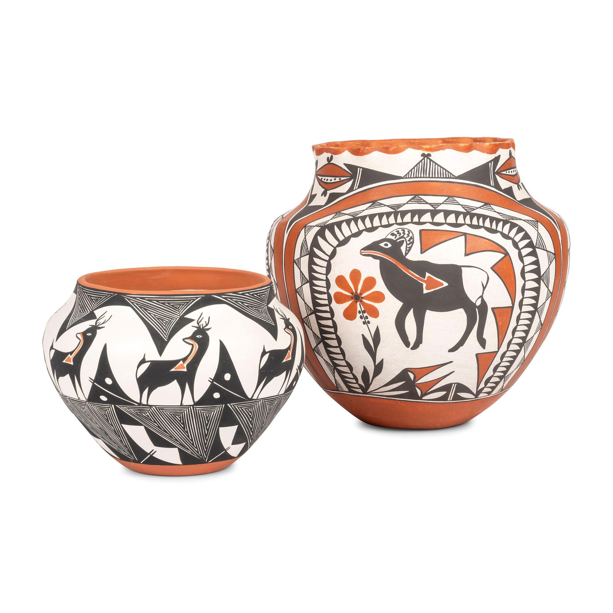 Acoma Pottery Jars, with Deer and Bighorn Heartline Designs