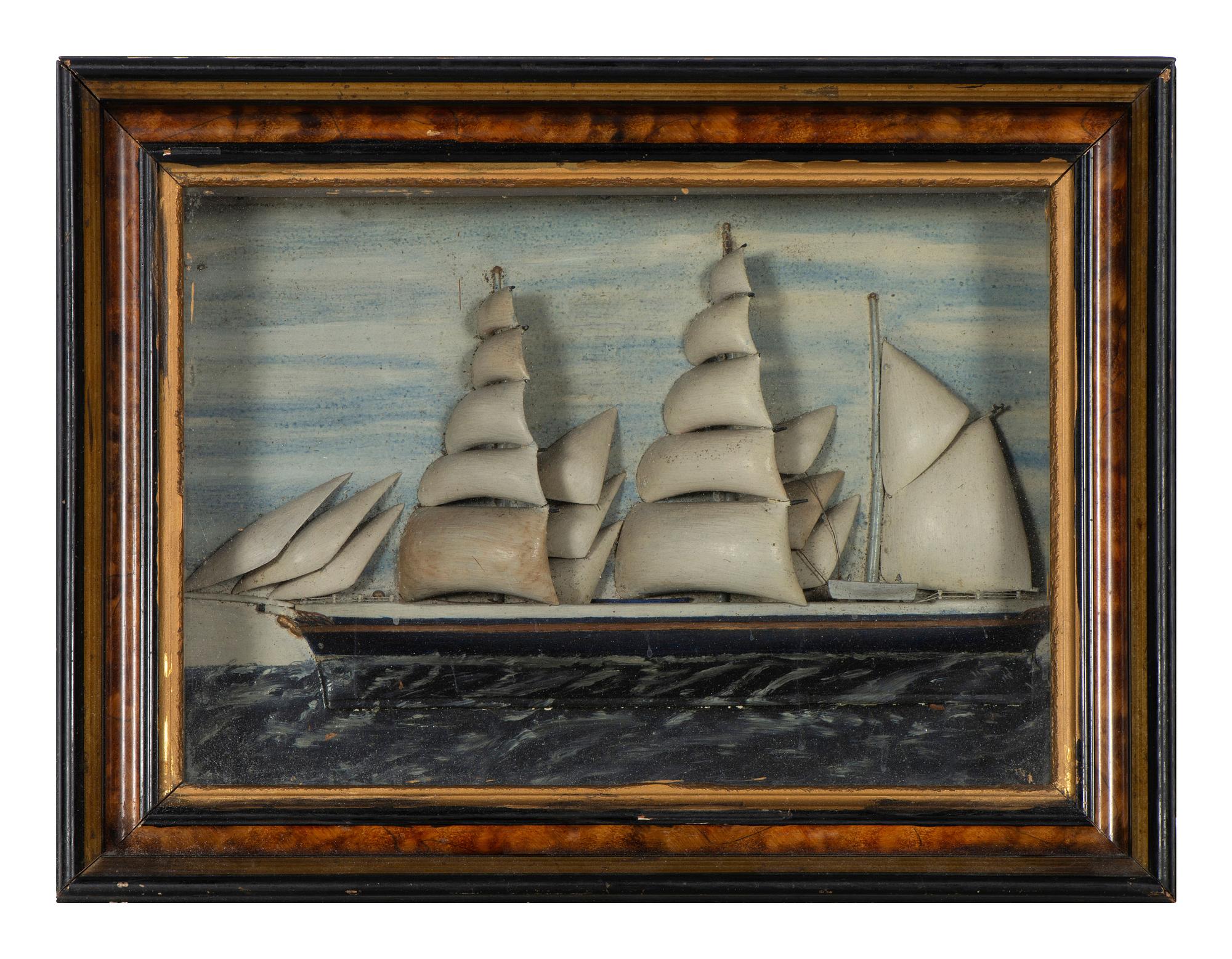 A Carved and Painted Wood Ship Diorama