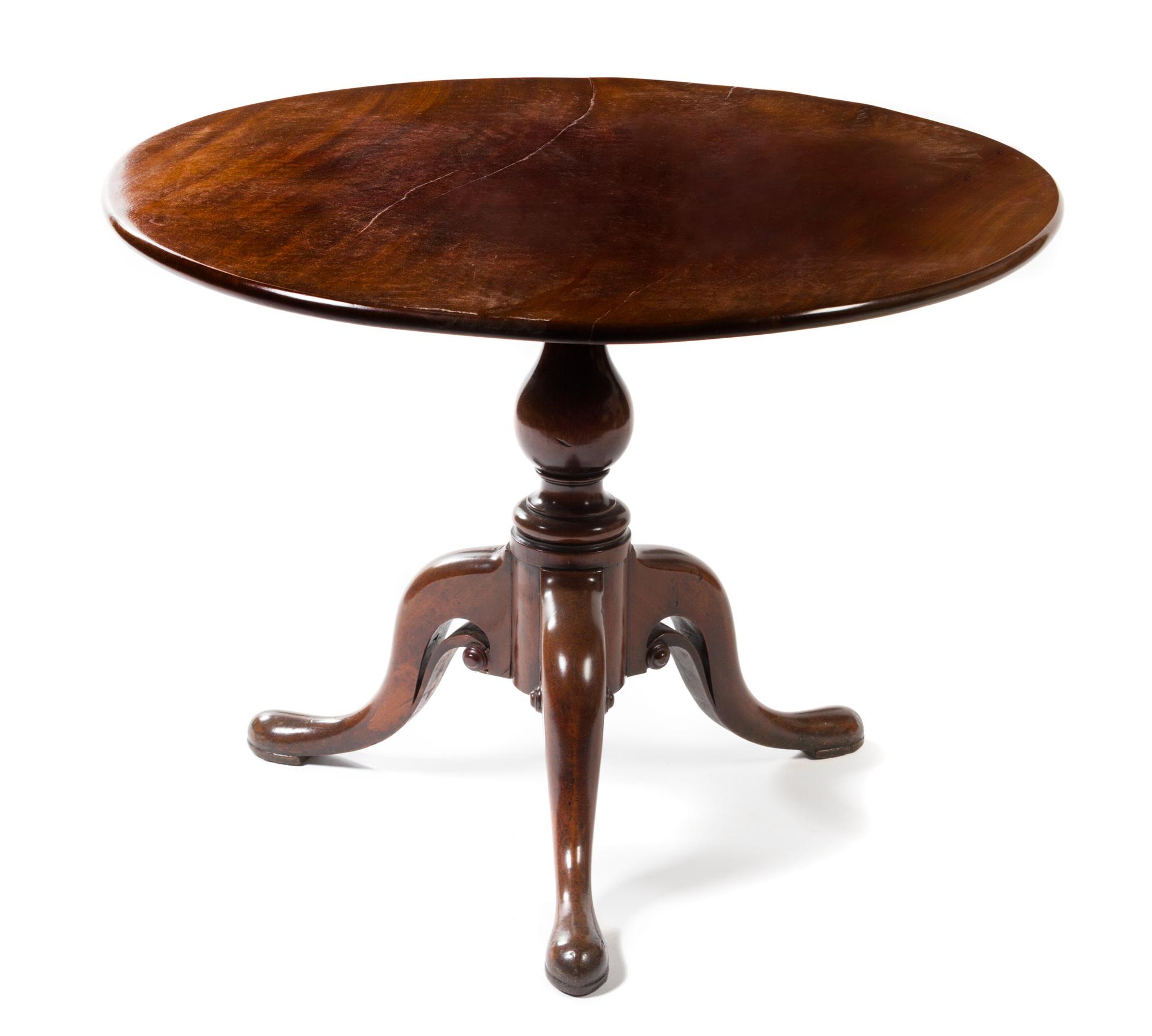 A George III Mahogany Tilt-Top Tea Table Height 21 3/4 x diameter 26 inches.