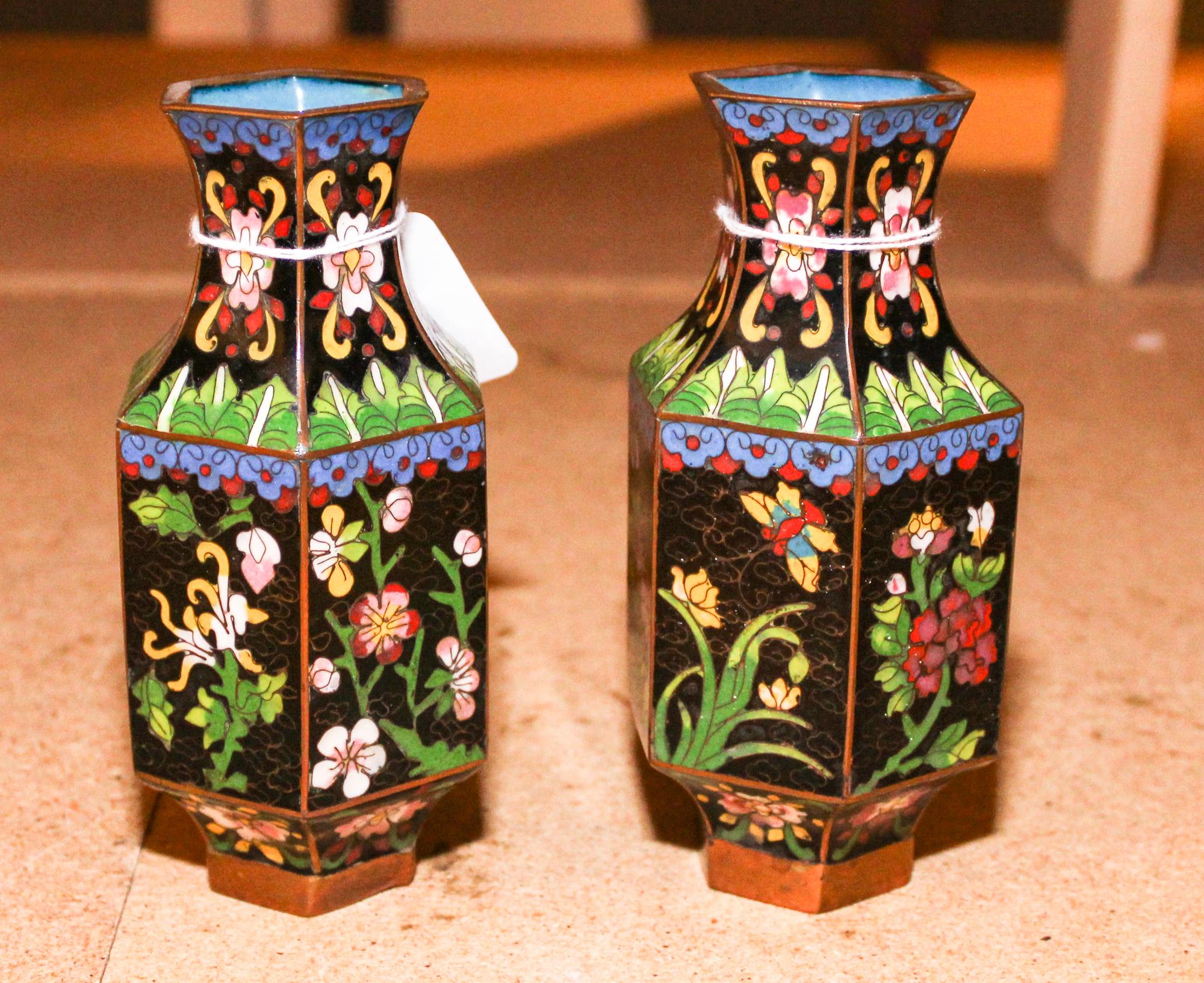 A Pair of Chinese Cloisonne Vases. Height of 5 1/2 inches.