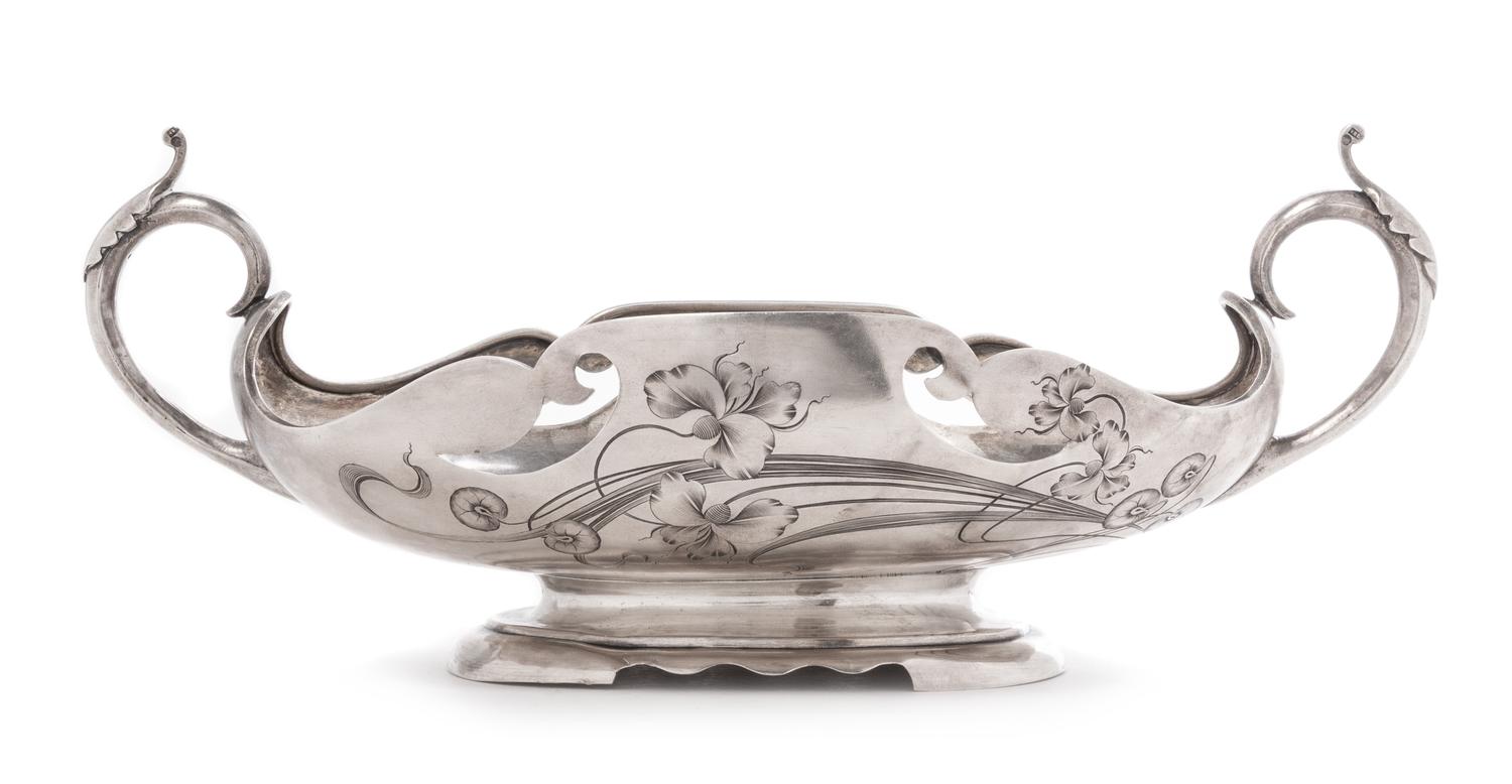 A Russian Silver Handled Centerpiece Bowl, Maker's mark obscured, kokoshnik of Ivan Lebedkin, Moscow, of lobed oval form, the pierced b