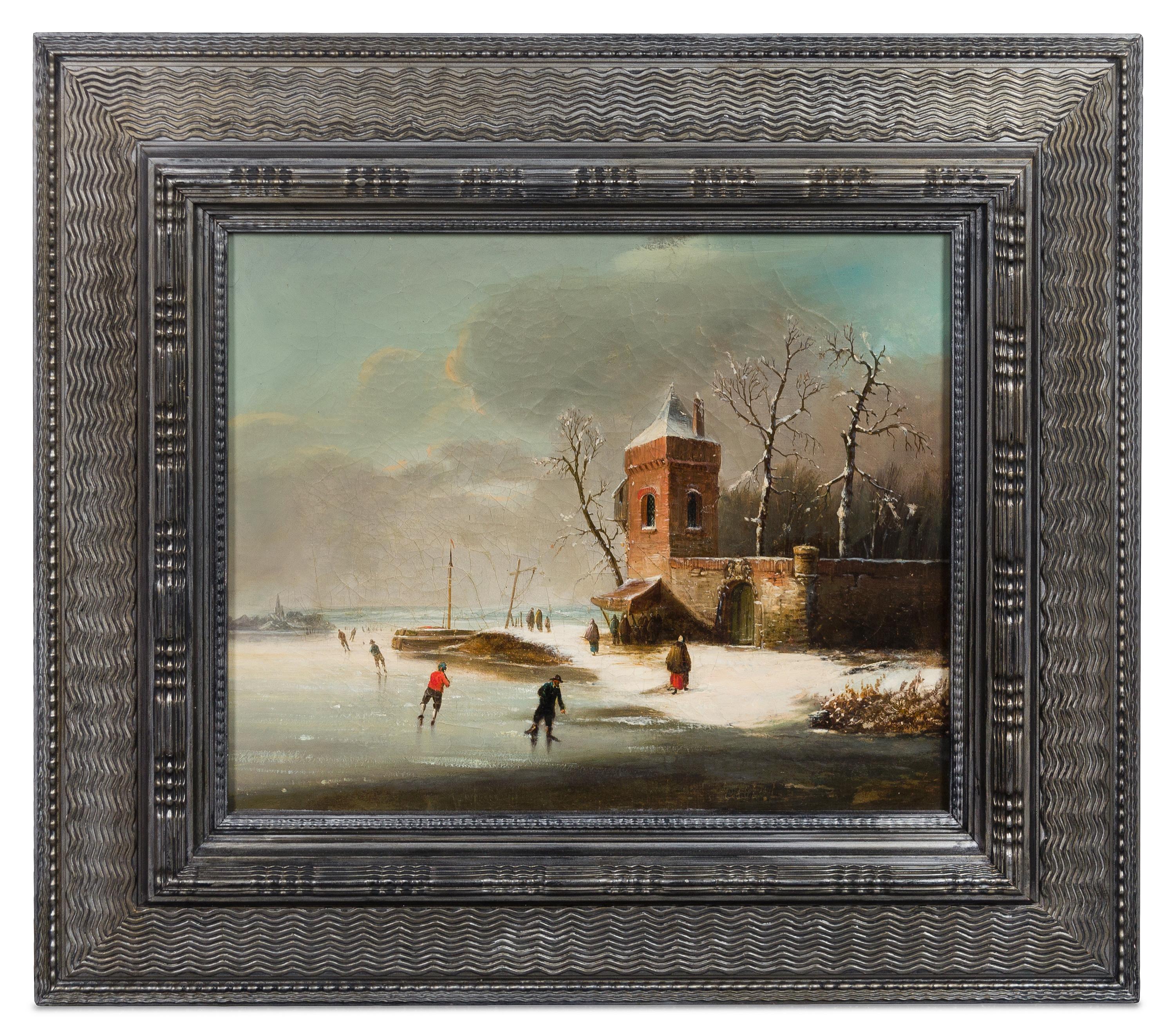 Artist Unknown, (19th Century), Ice Skating in Winter Riverscape