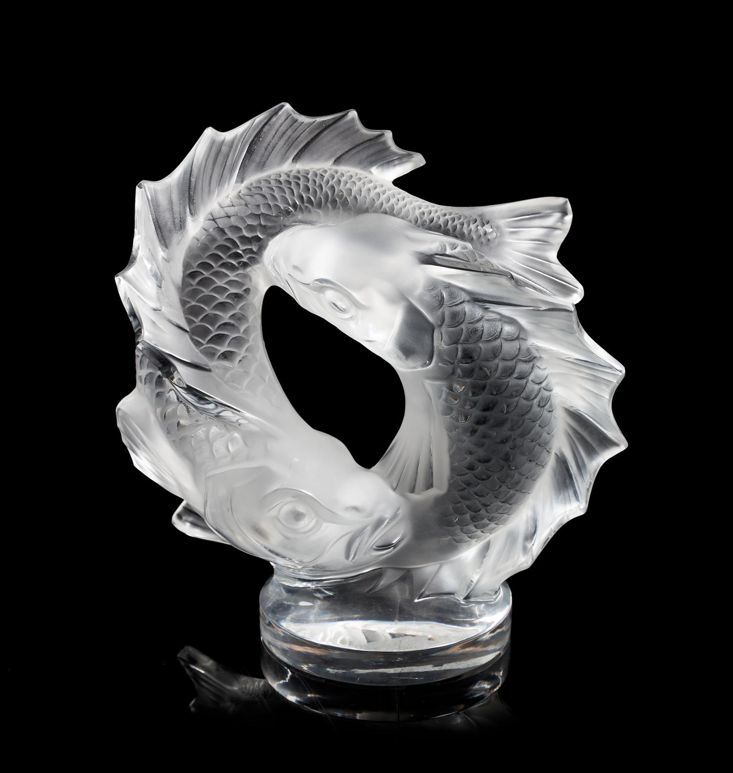 Lalique, a molded and frosted glass Deux Poissons figural group