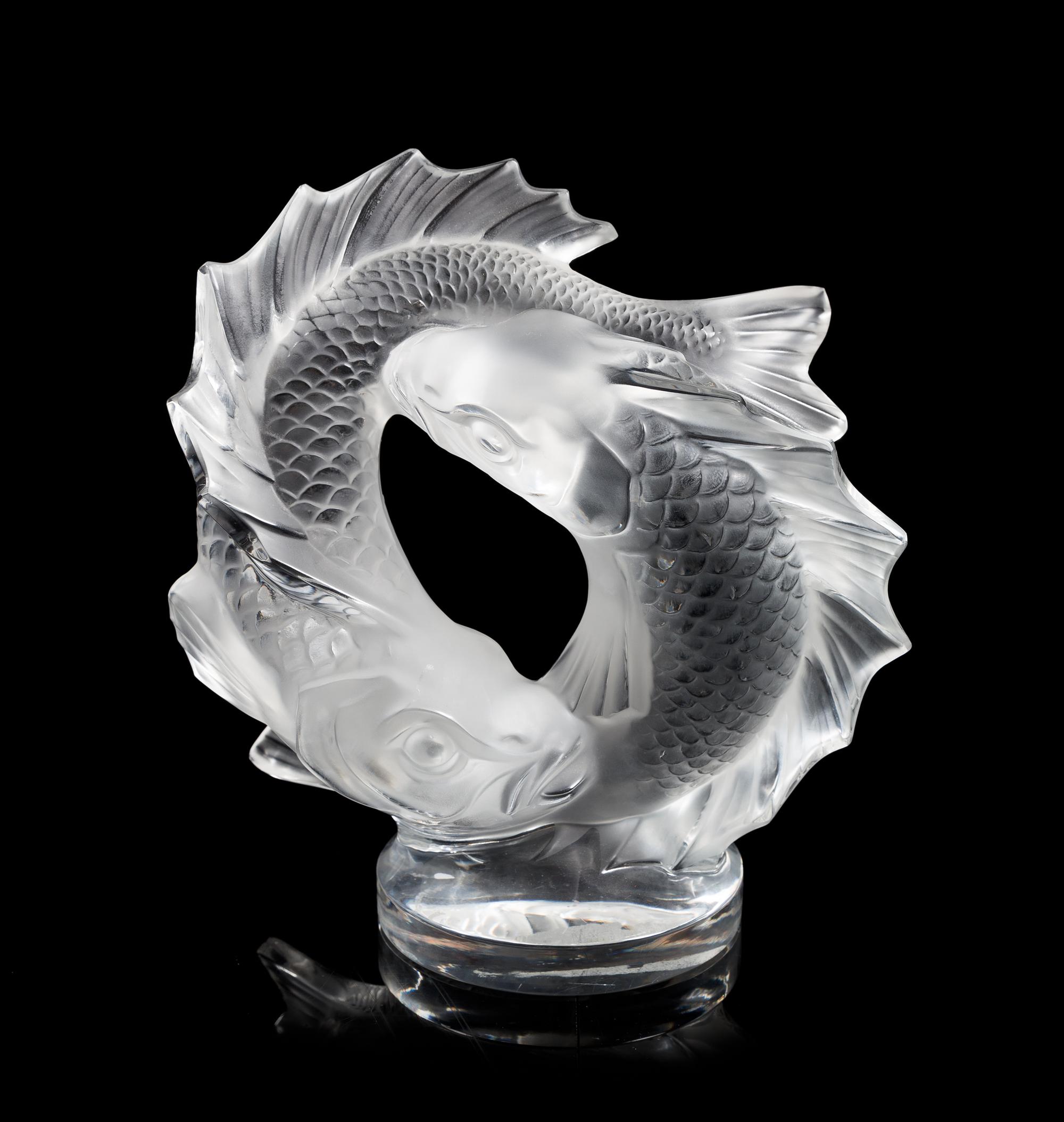 Lalique, a molded and frosted glass Deux Poissons figural group
