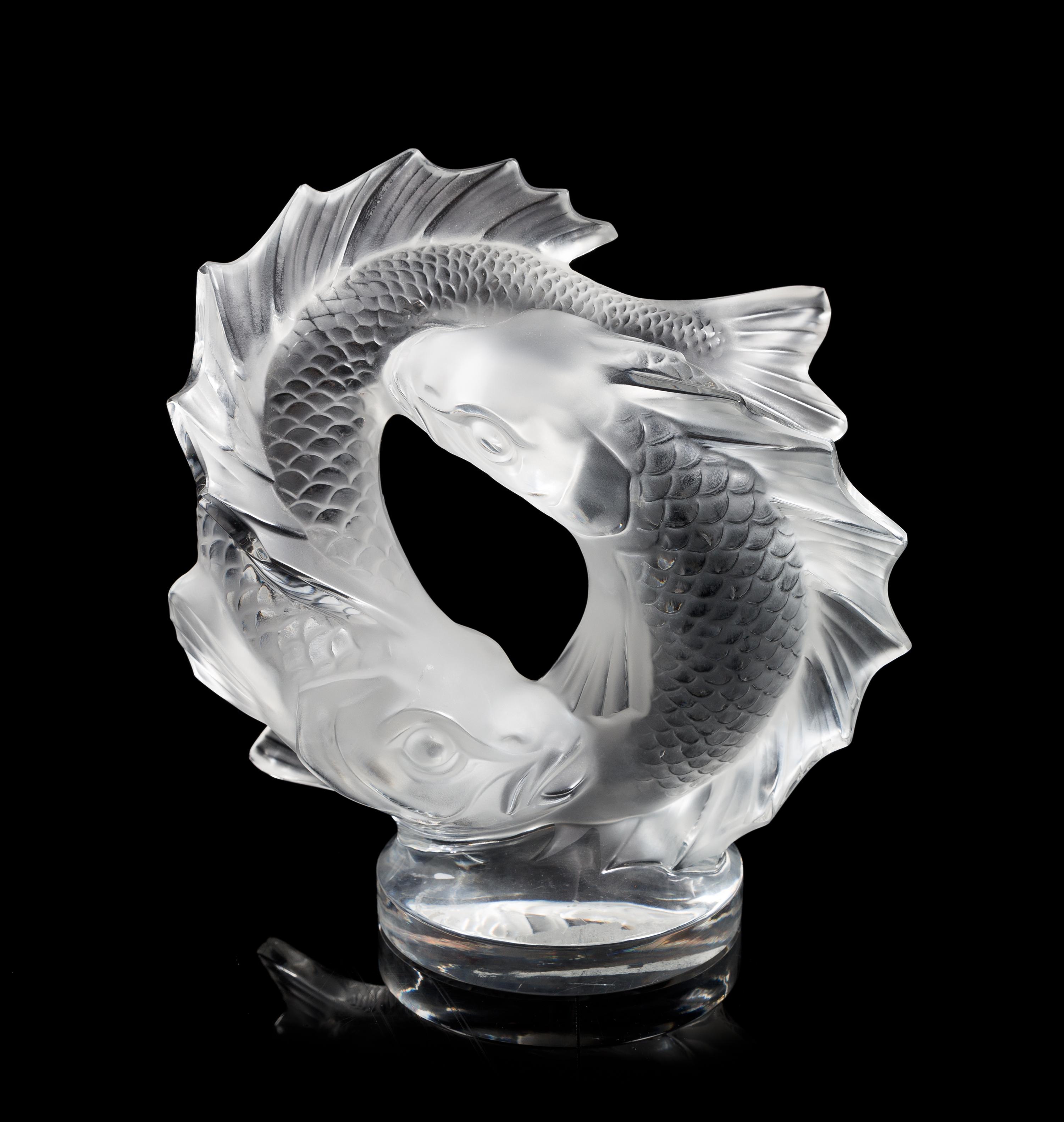 Lalique, a molded and frosted glass Deux Poissons figural group