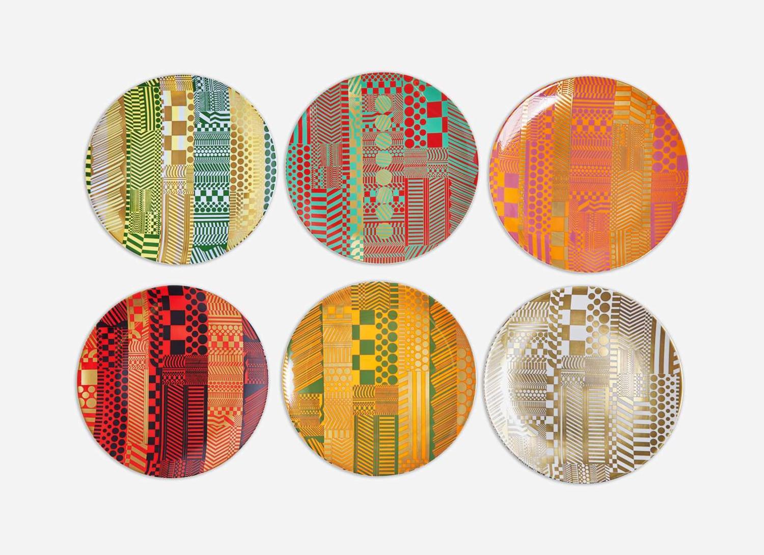A set of six Wedgwood bone china plates in "Variations on a Geometric Theme," designed by Eduardo Paolozzi (1924-2005), Stoke-on-Trent, England, late 20th century