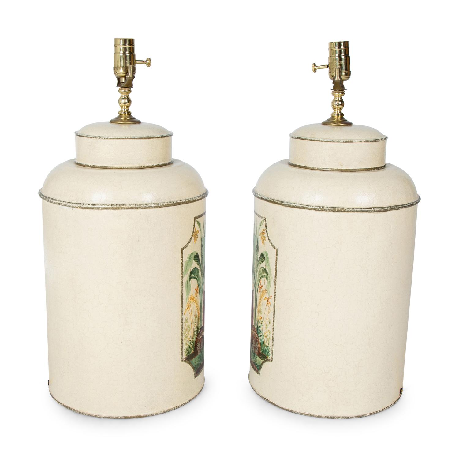 A Pair of Painted Tole Cannister-form Table Lamps — 20TH/21ST CENTURY