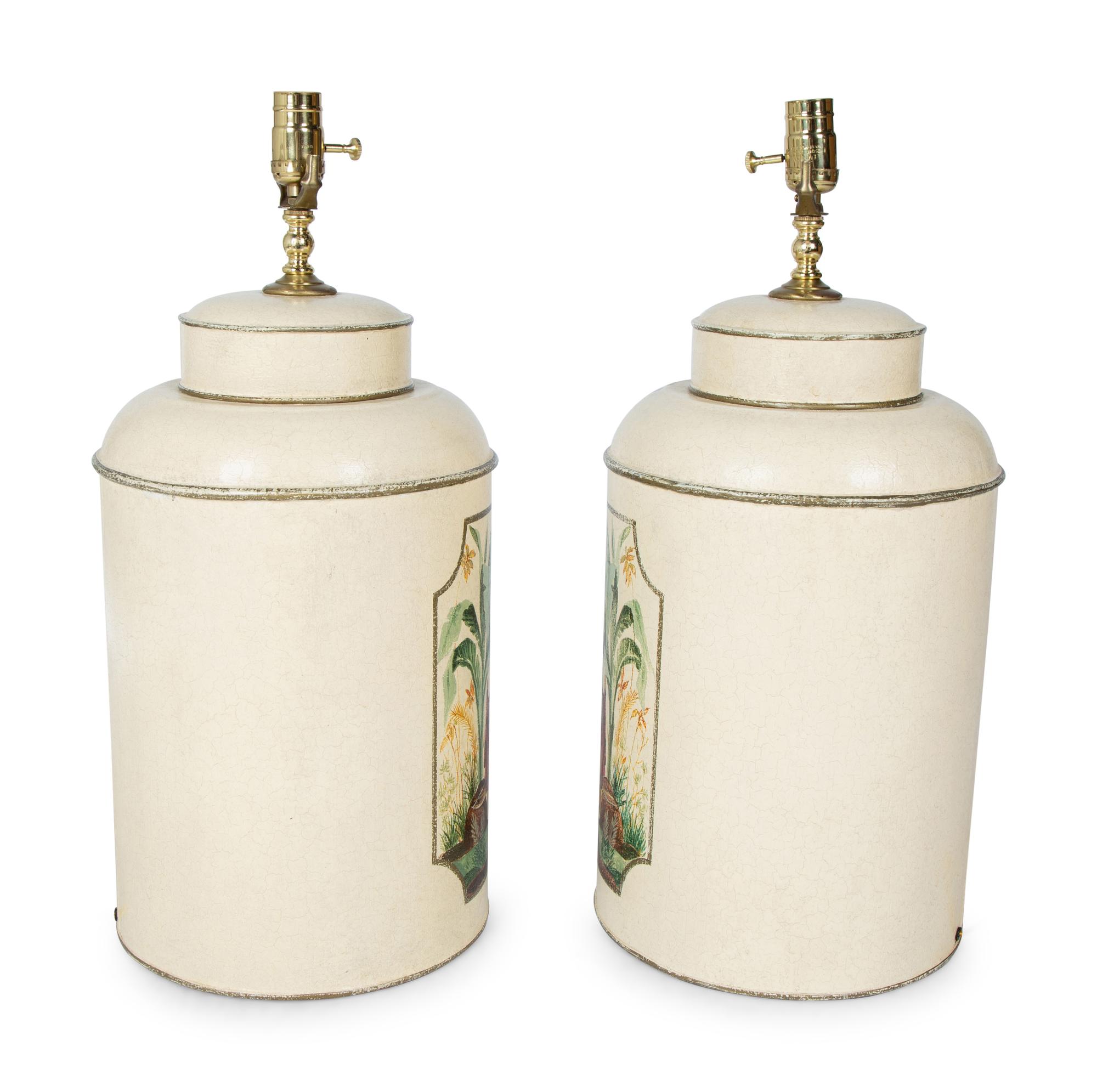 A Pair of Painted Tole Cannister-form Table Lamps — 20TH/21ST CENTURY