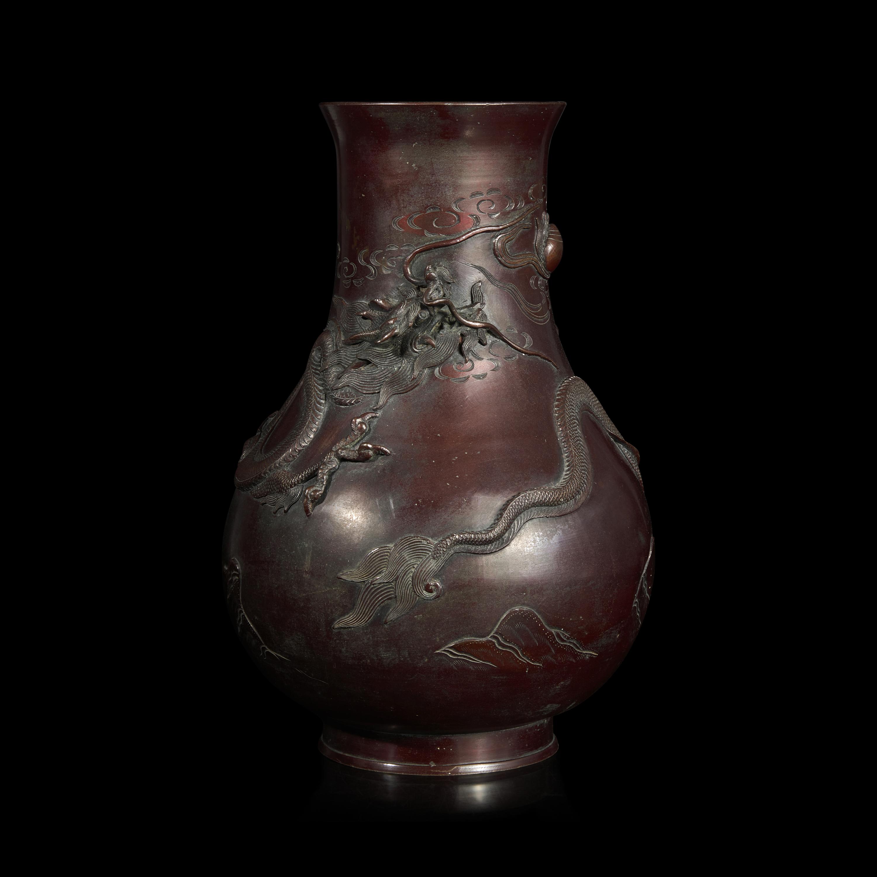 A Japanese Patinated Bronze 'Dragon' Vase, Meiji Period — 日本明治時代 盤龍銅瓶