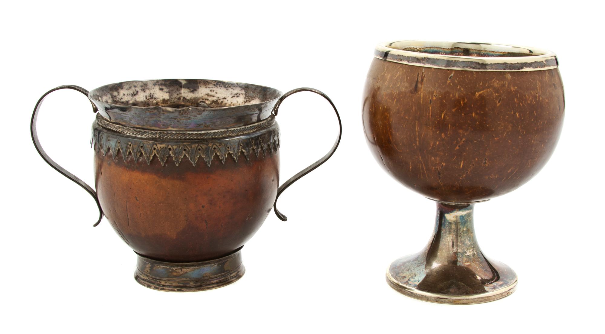 Two Silvered Metal Mounted Coconut Shell Cups, Height of tallest 5 inches.