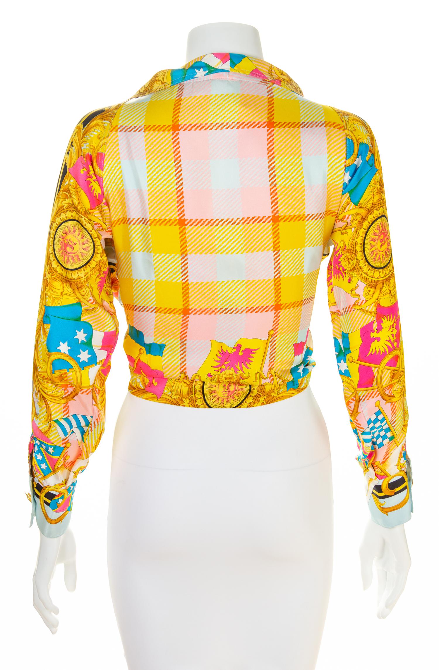 A Gianni Versace Silk Print Tie Front Blouse, Size 38.