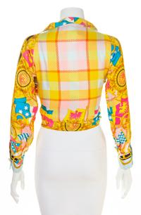 A Gianni Versace Silk Print Tie Front Blouse, Size 38.