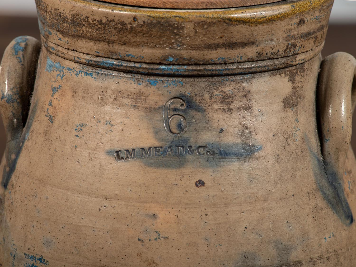 Two Cobalt Decorated Six-Gallon Stoneware Churns
