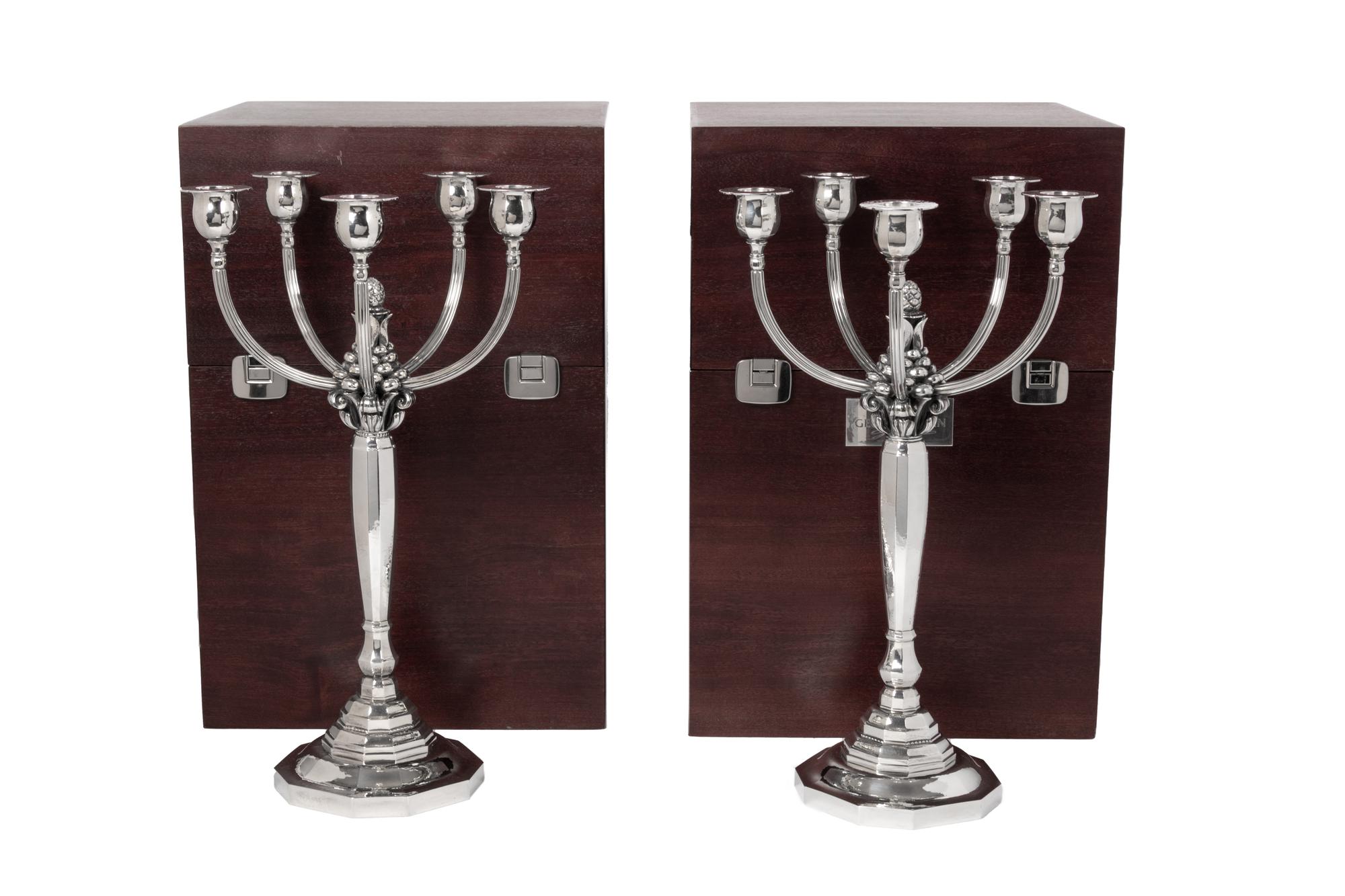 A Pair of Johan Rohde for Georg Jensen Silver Five-Light Candelabra