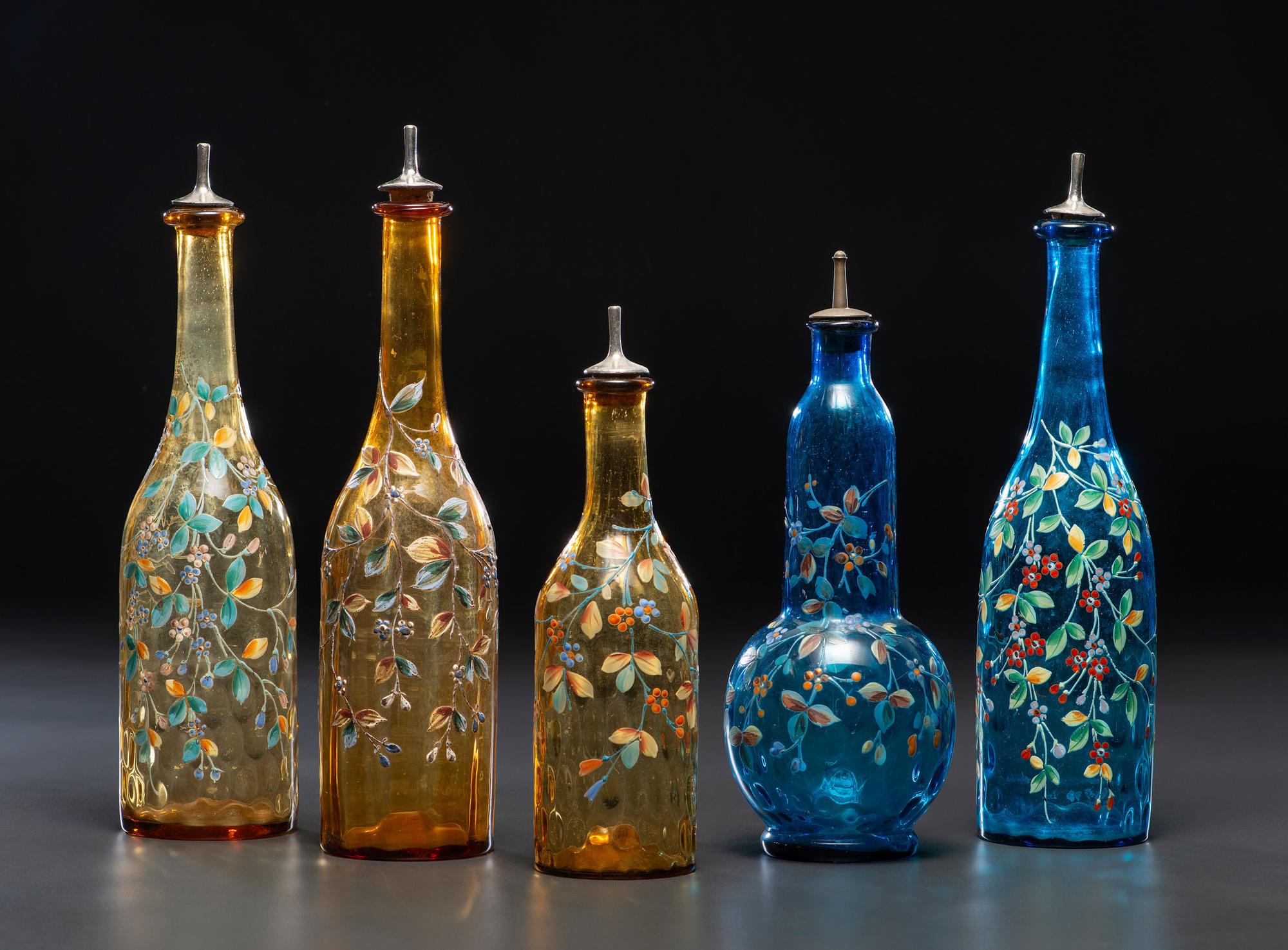 Five Paint and Enamel Decorated Glass Barber Bottles