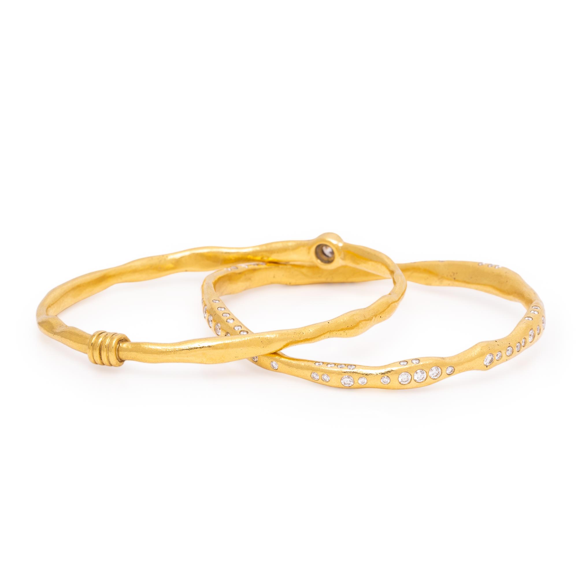 Two Diamond and Yellow Gold Bangle Bracelets