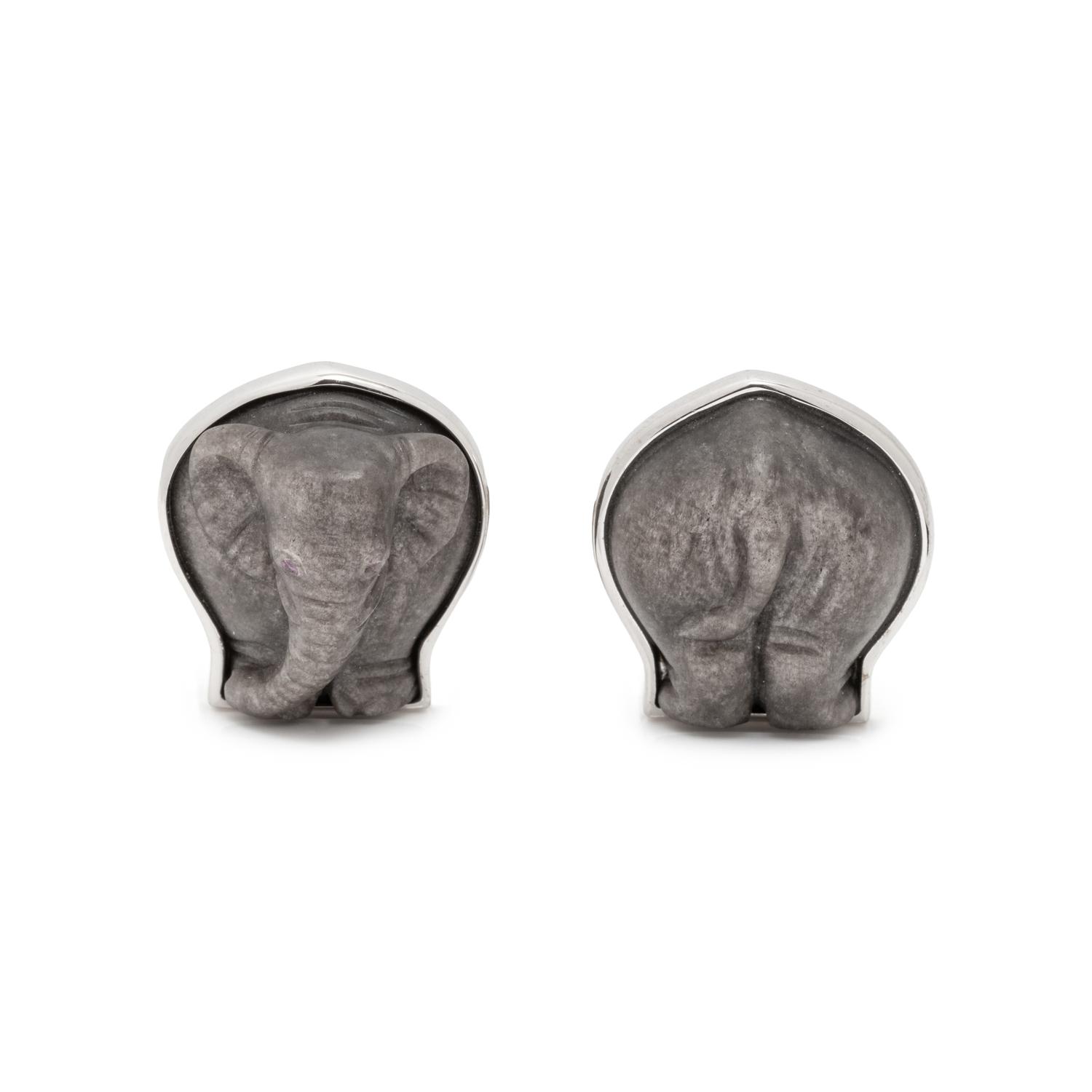 LONGMIRE, WHITE GOLD CARVED ELEPHANT CUFFLINKS