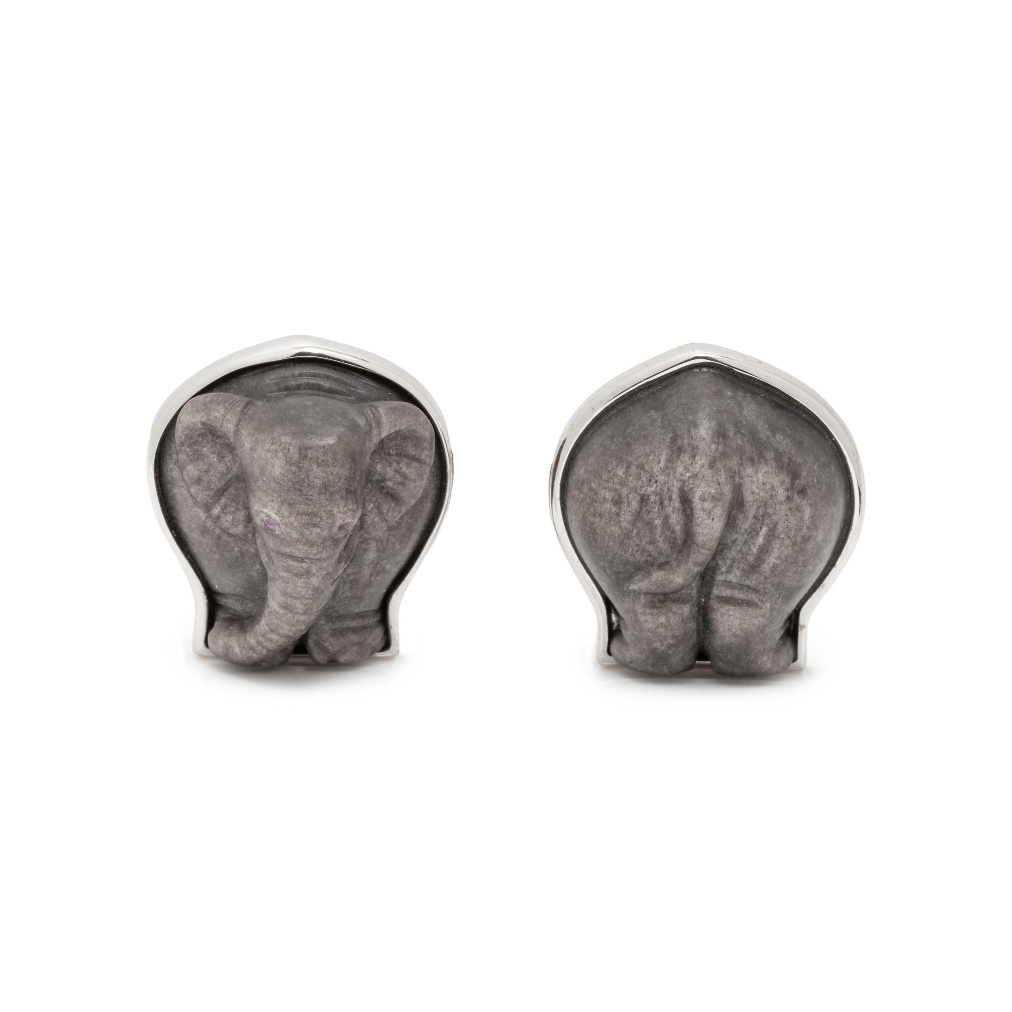 LONGMIRE, WHITE GOLD CARVED ELEPHANT CUFFLINKS