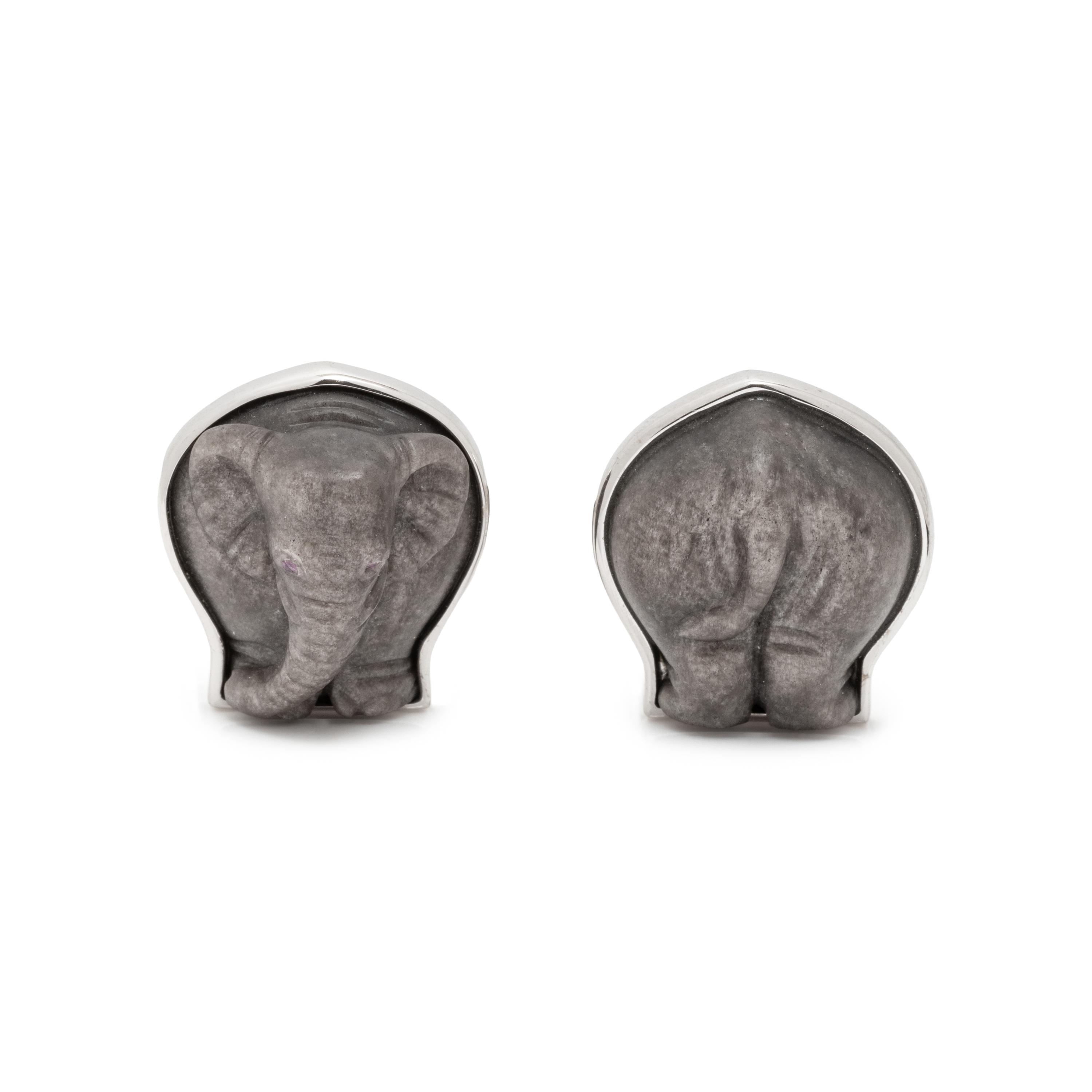 LONGMIRE, WHITE GOLD CARVED ELEPHANT CUFFLINKS