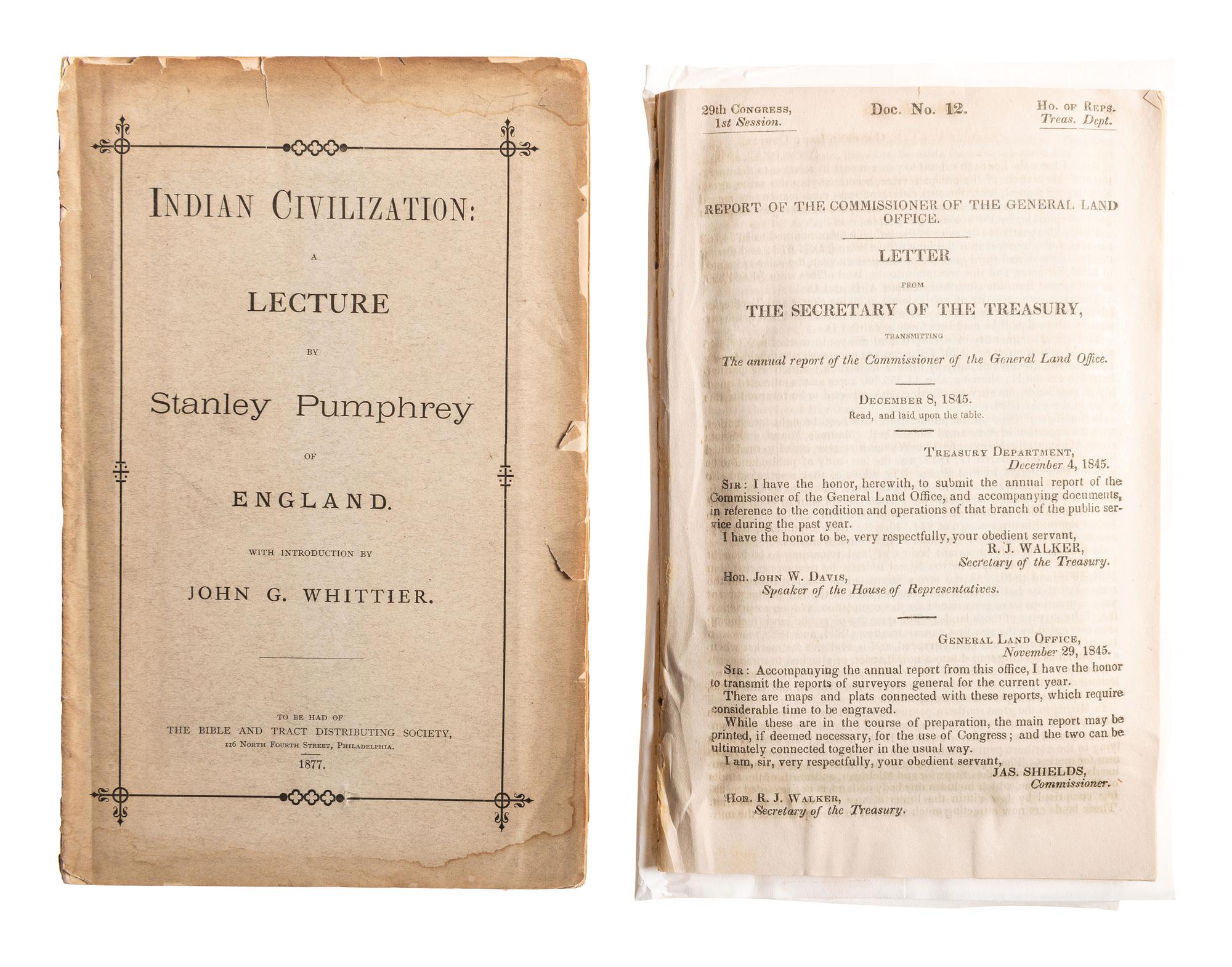 [NATIVE AMERICANS]. A group of 2 items involving Native American lands, including a map using data from the General Land Office, 1845.