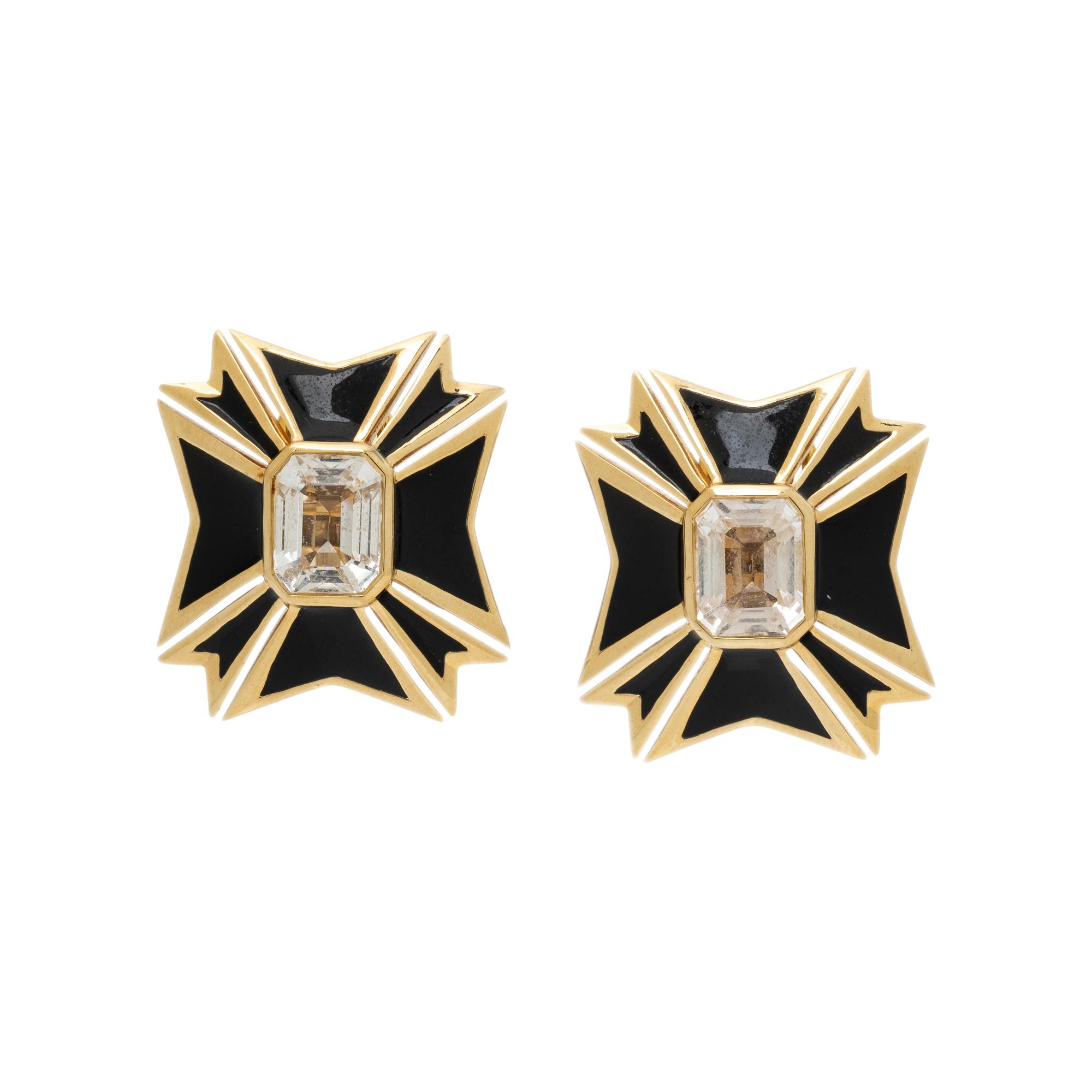VERDURA, YELLOW GOLD, BLACK ENAMEL, AND WHITE TOPAZ MALTESE CROSS EARRINGS