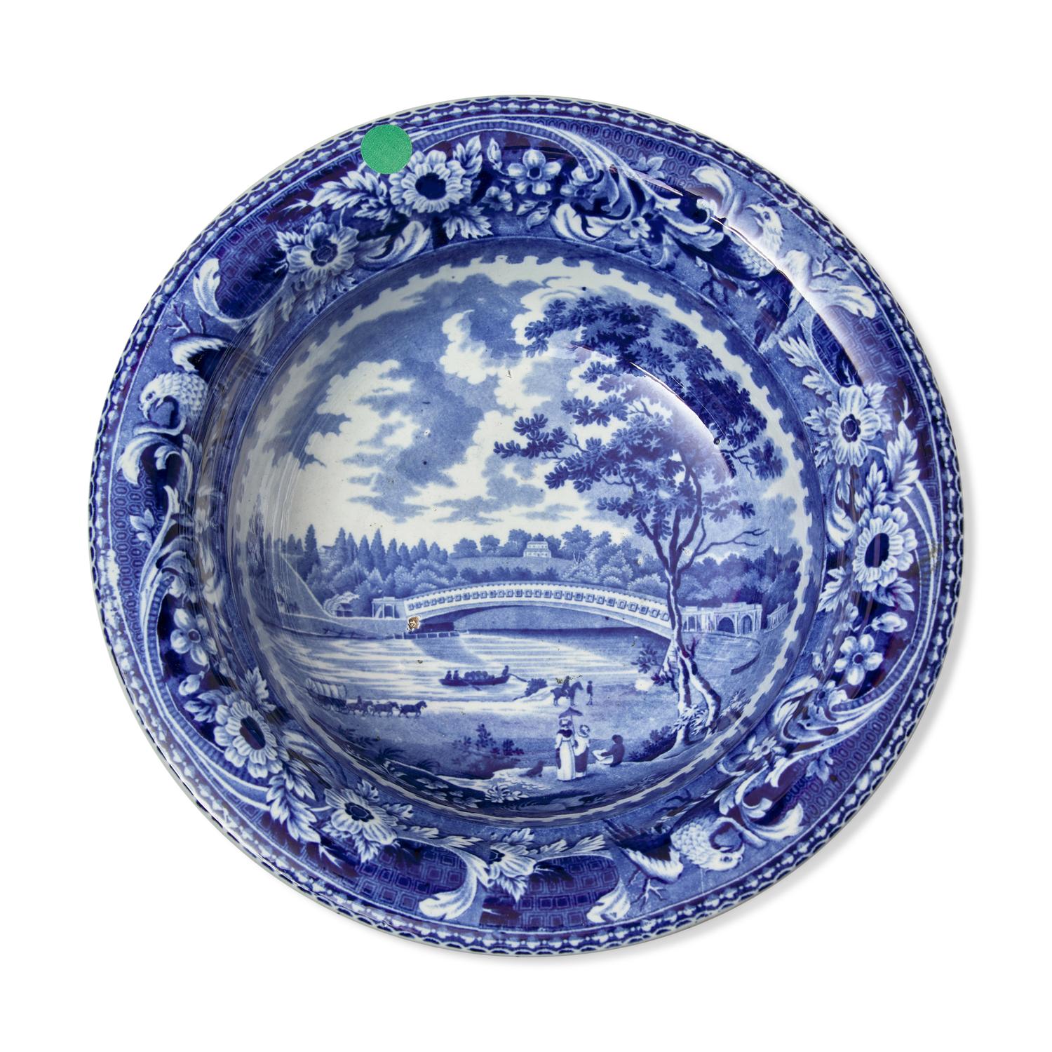 A Staffordshire Historical Blue "Upper Ferry Bridge Over the River Schuylkill" Wash Pitcher and Basin