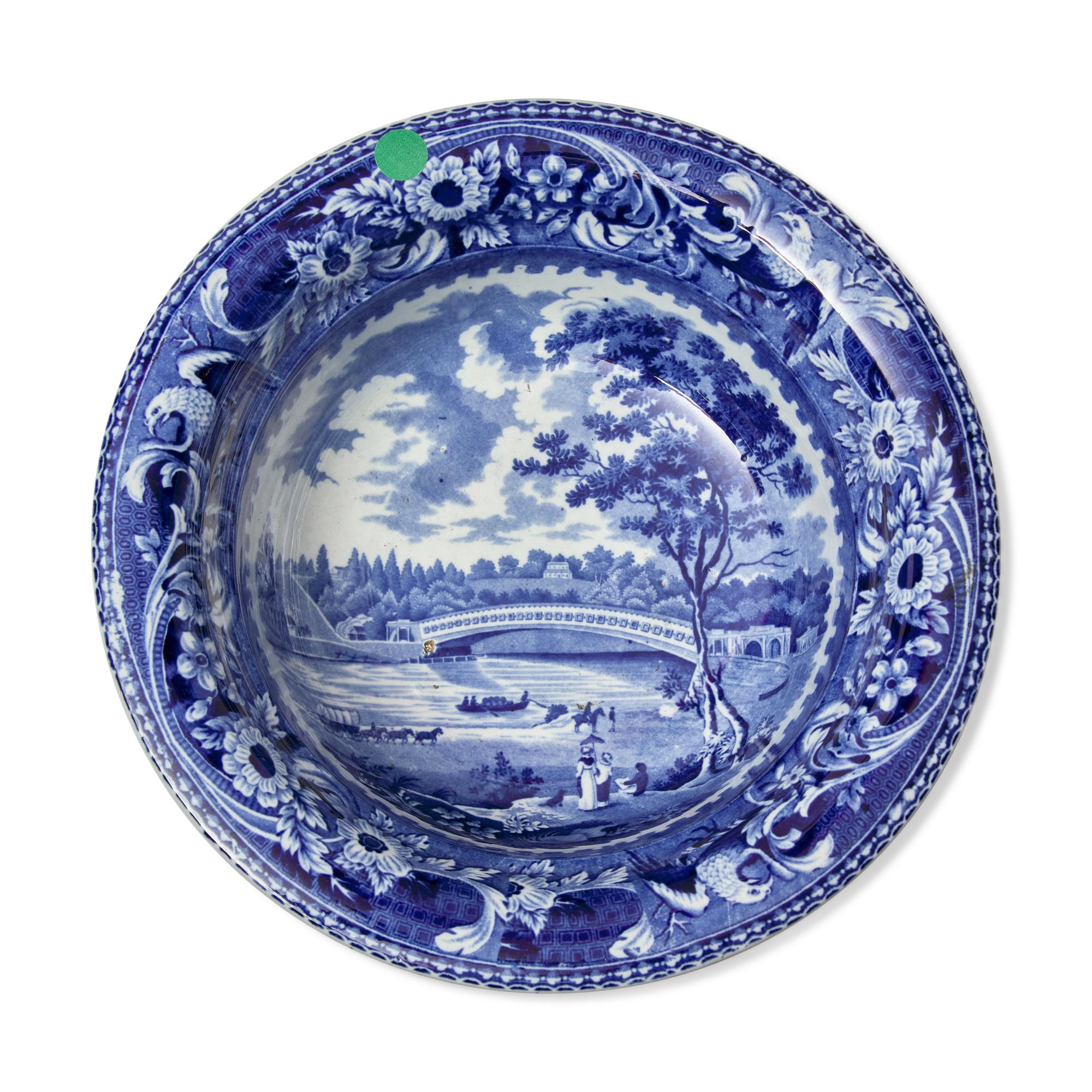 A Staffordshire Historical Blue "Upper Ferry Bridge Over the River Schuylkill" Wash Pitcher and Basin