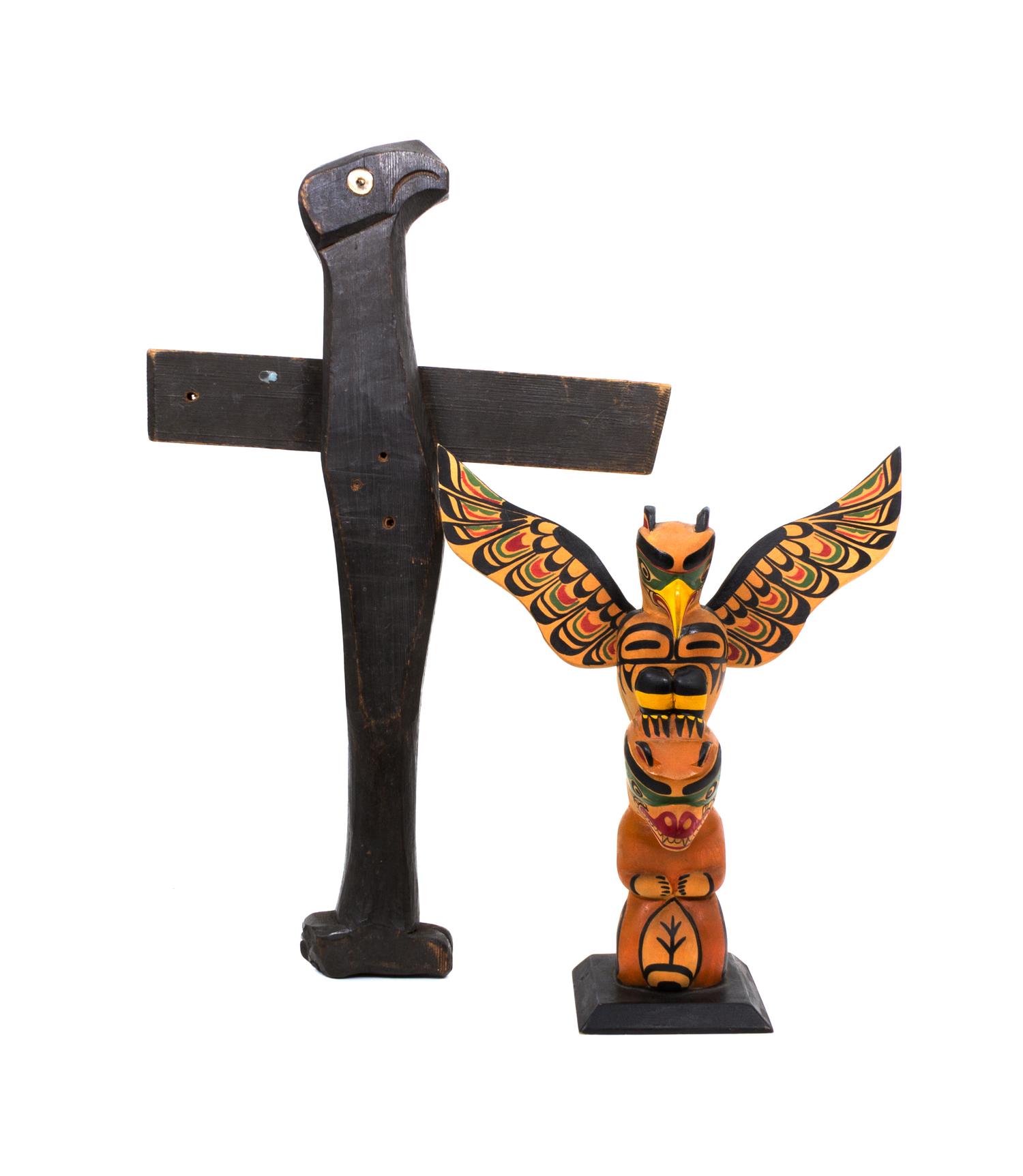 A Kwakwaka'wakw Painted Wood Totem and Club Height of totem 29 1/4 inches.
