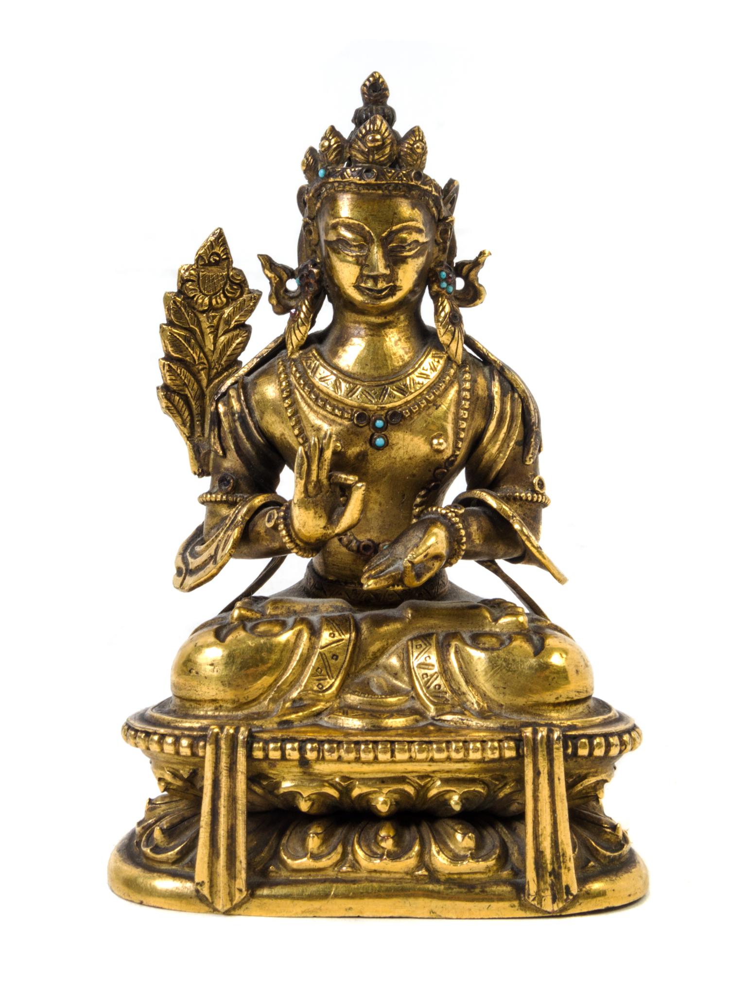 A Sino-Tibetan Gilt Bronze Figure of a Bodhisattva Height 4 1/2 inches.