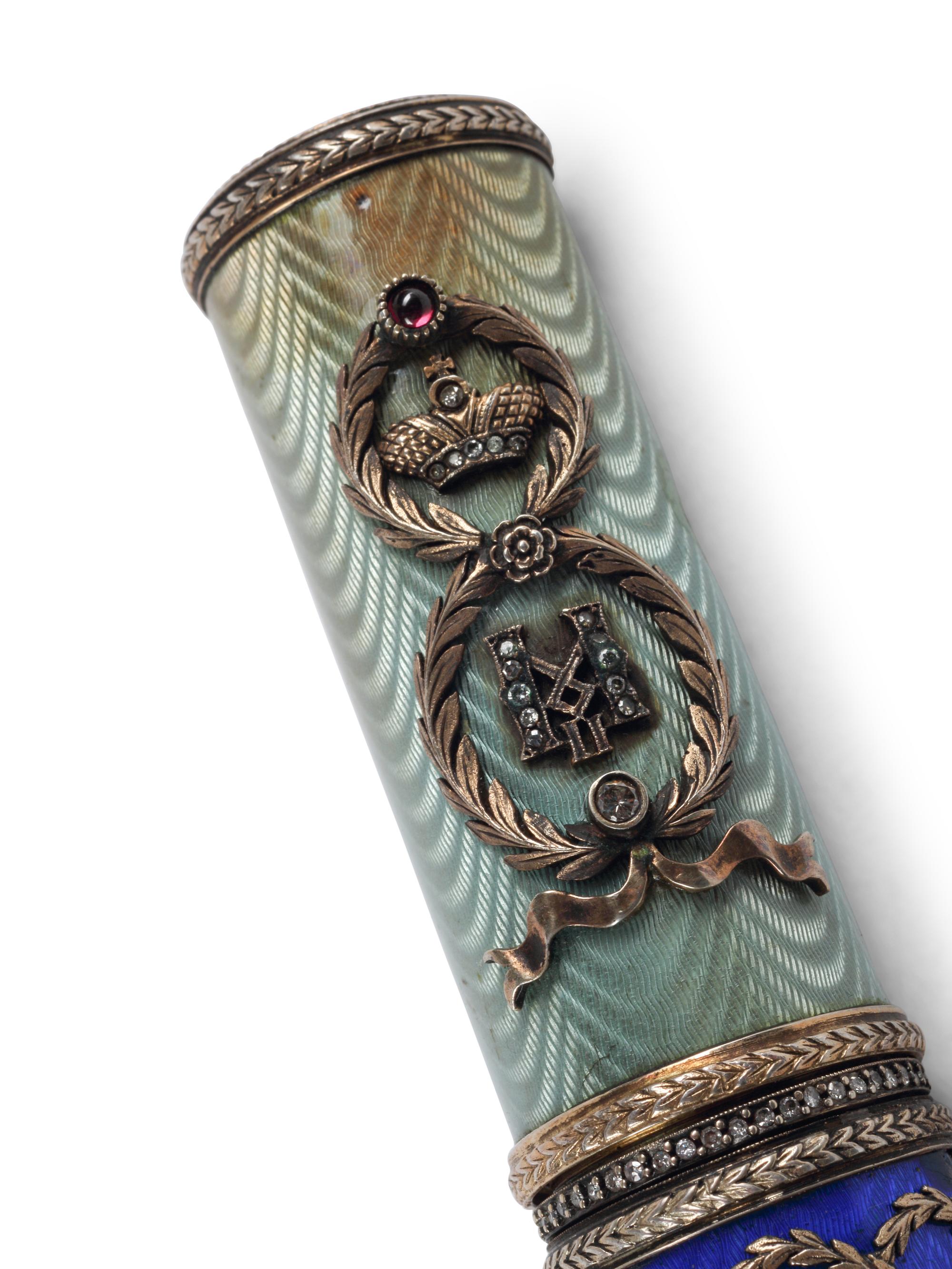 A Diamond and Hardstone-Mounted Silver-Gilt and Guilloché Enamel Cigar Case