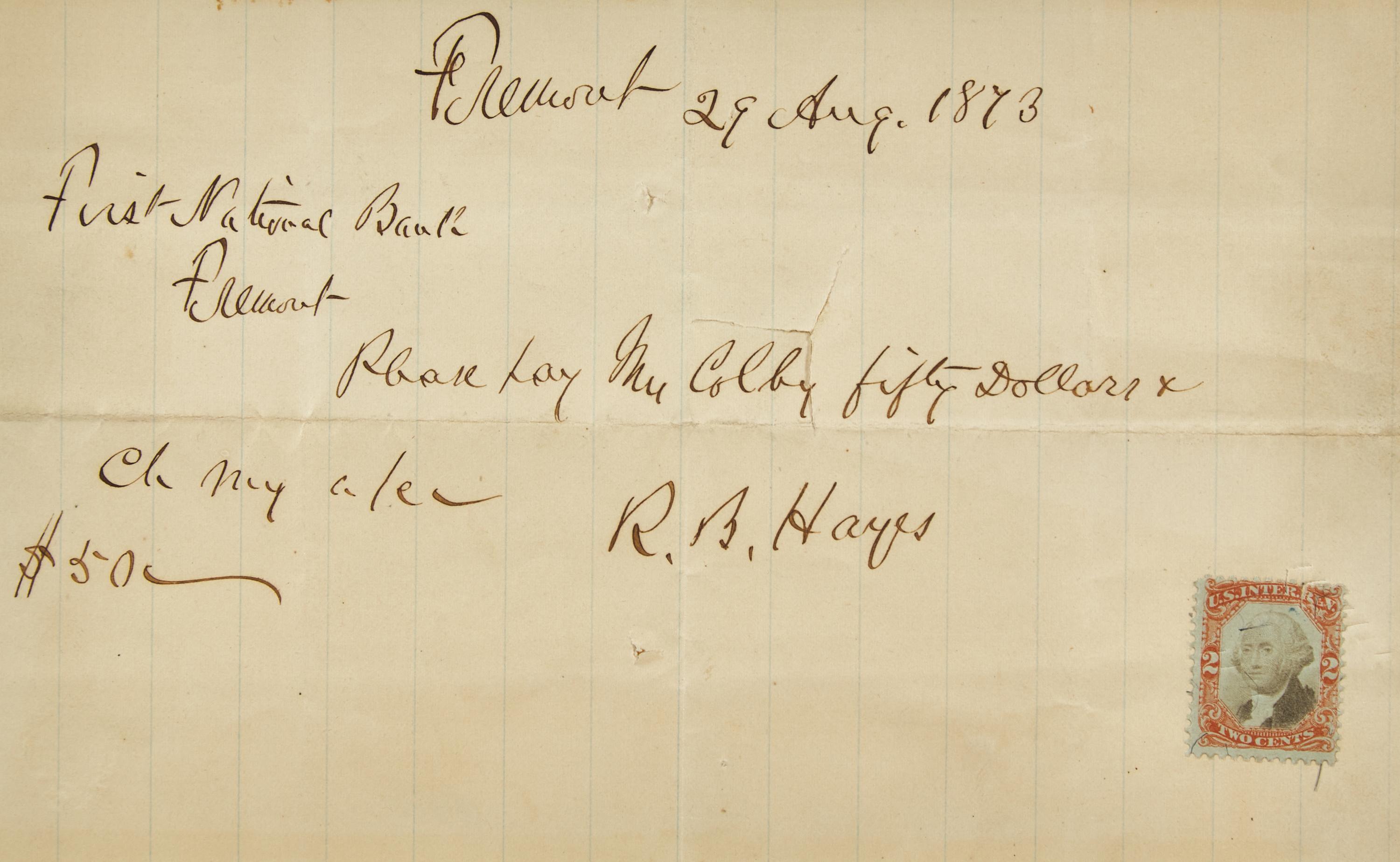 [Presidential] Hayes, Rutherford B. Autograph Letter, signed