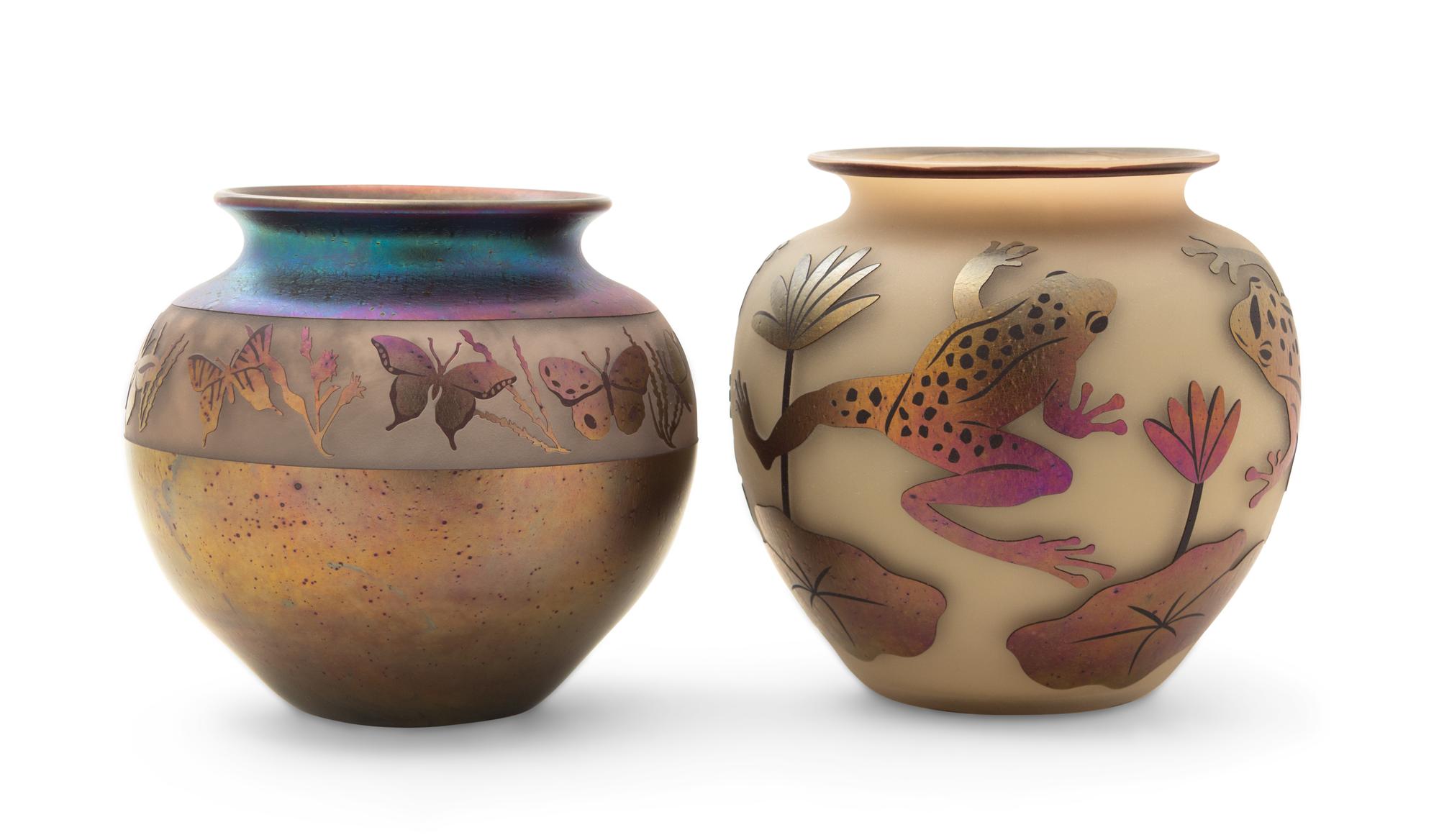 Two American Cameo Glass Vases, Zelique Studio Height of first 7 inches.