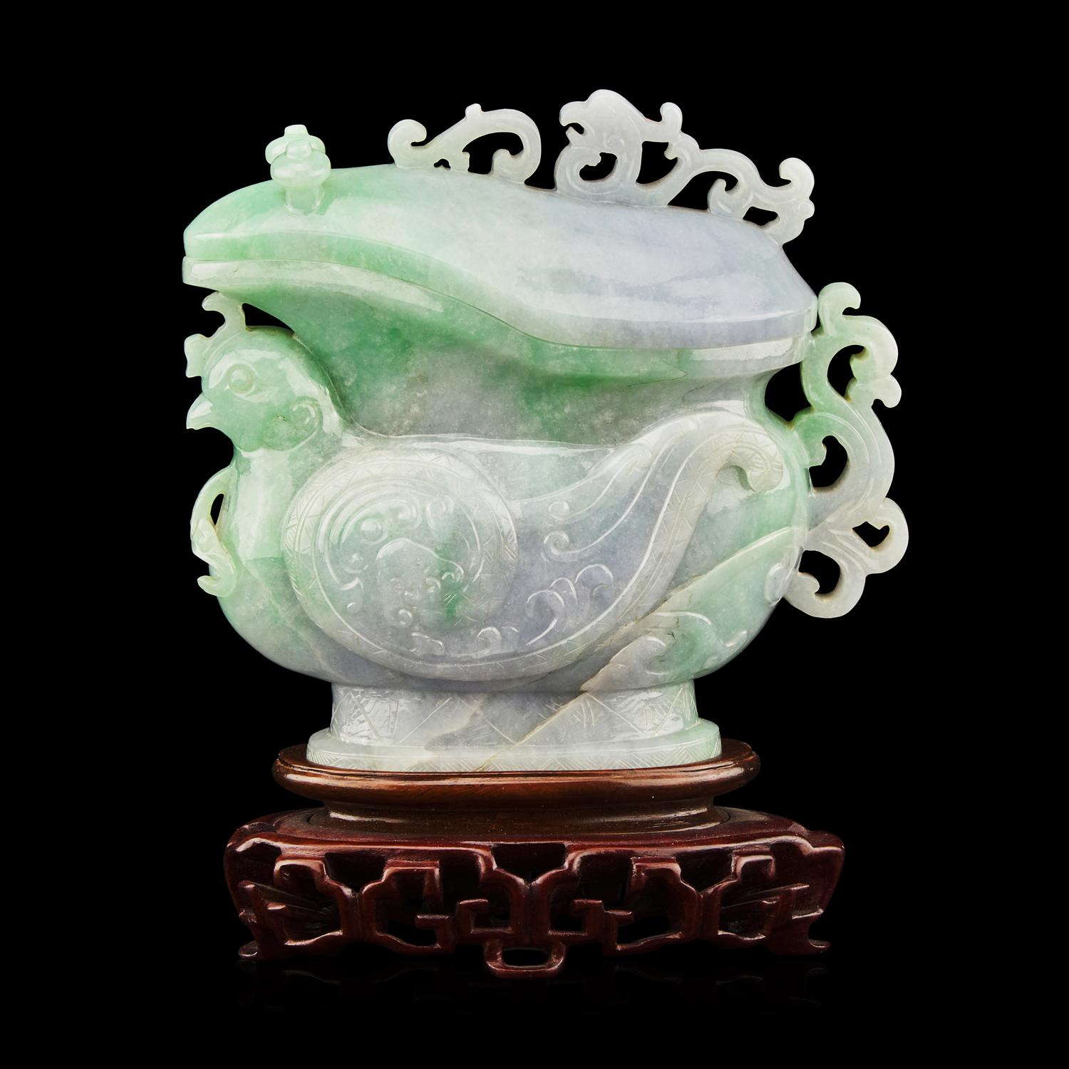 A Chinese Apple Green and Lavender Jadeite 'Phoenix' Covered Gong Vessel, Late 19th-20th Century 晚清-民國 翡翠鳳紋觥