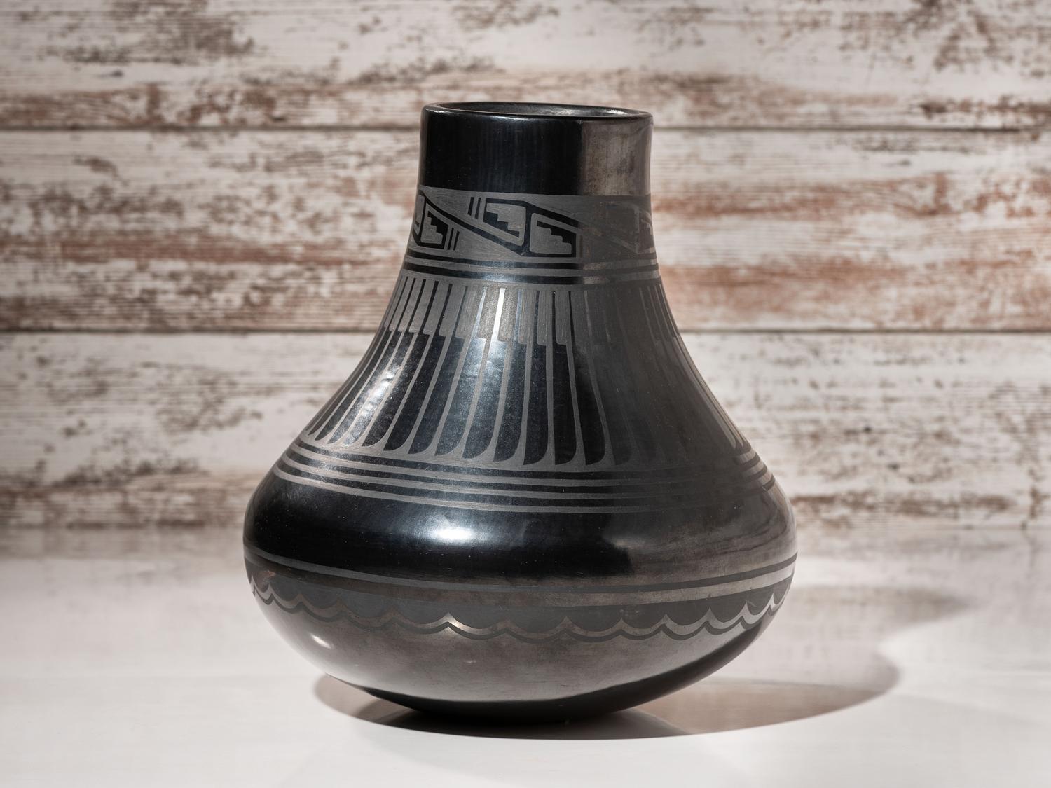 Blackware Pottery Jar, with Repeating Feathers