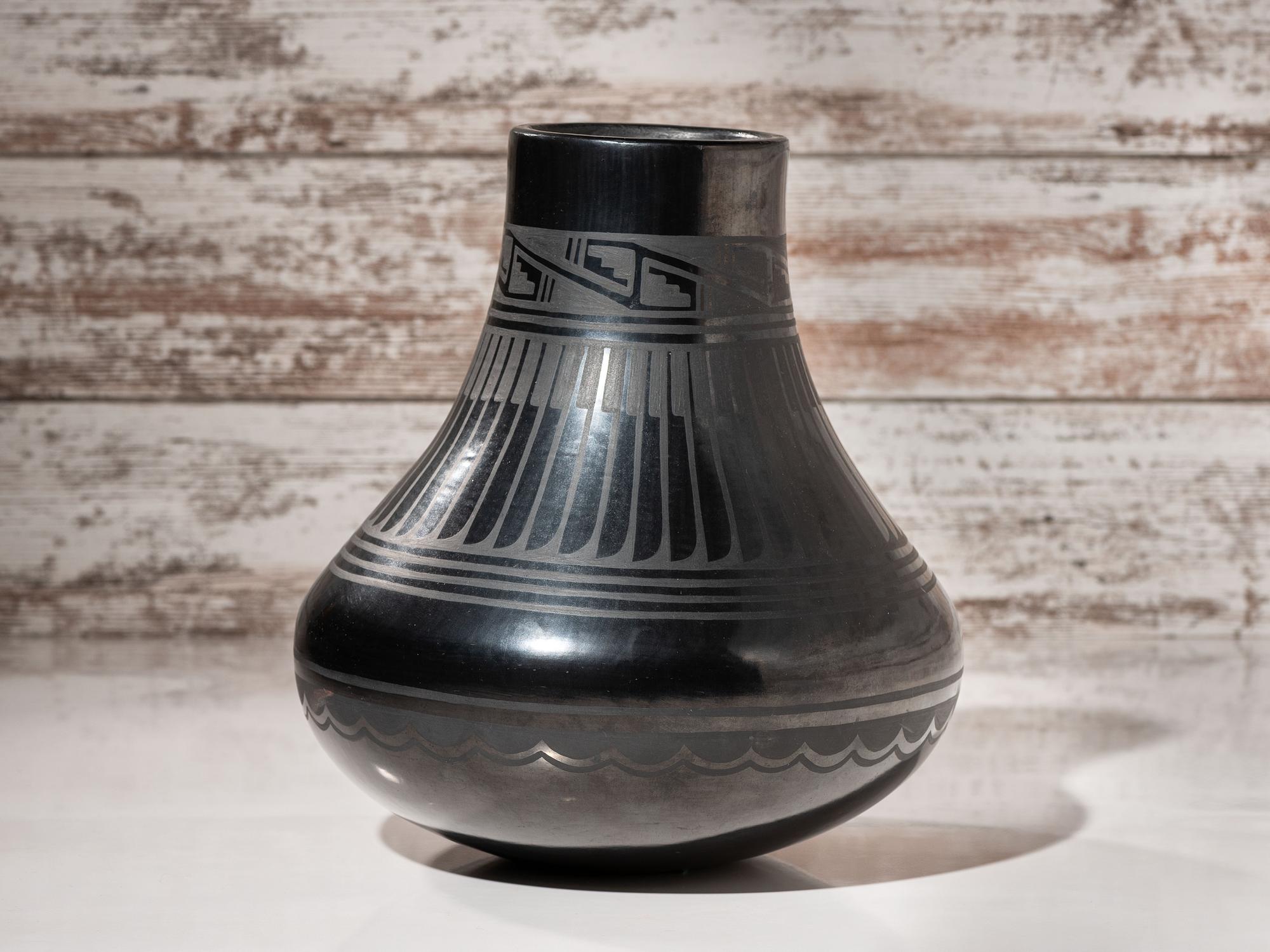 Blackware Pottery Jar, with Repeating Feathers