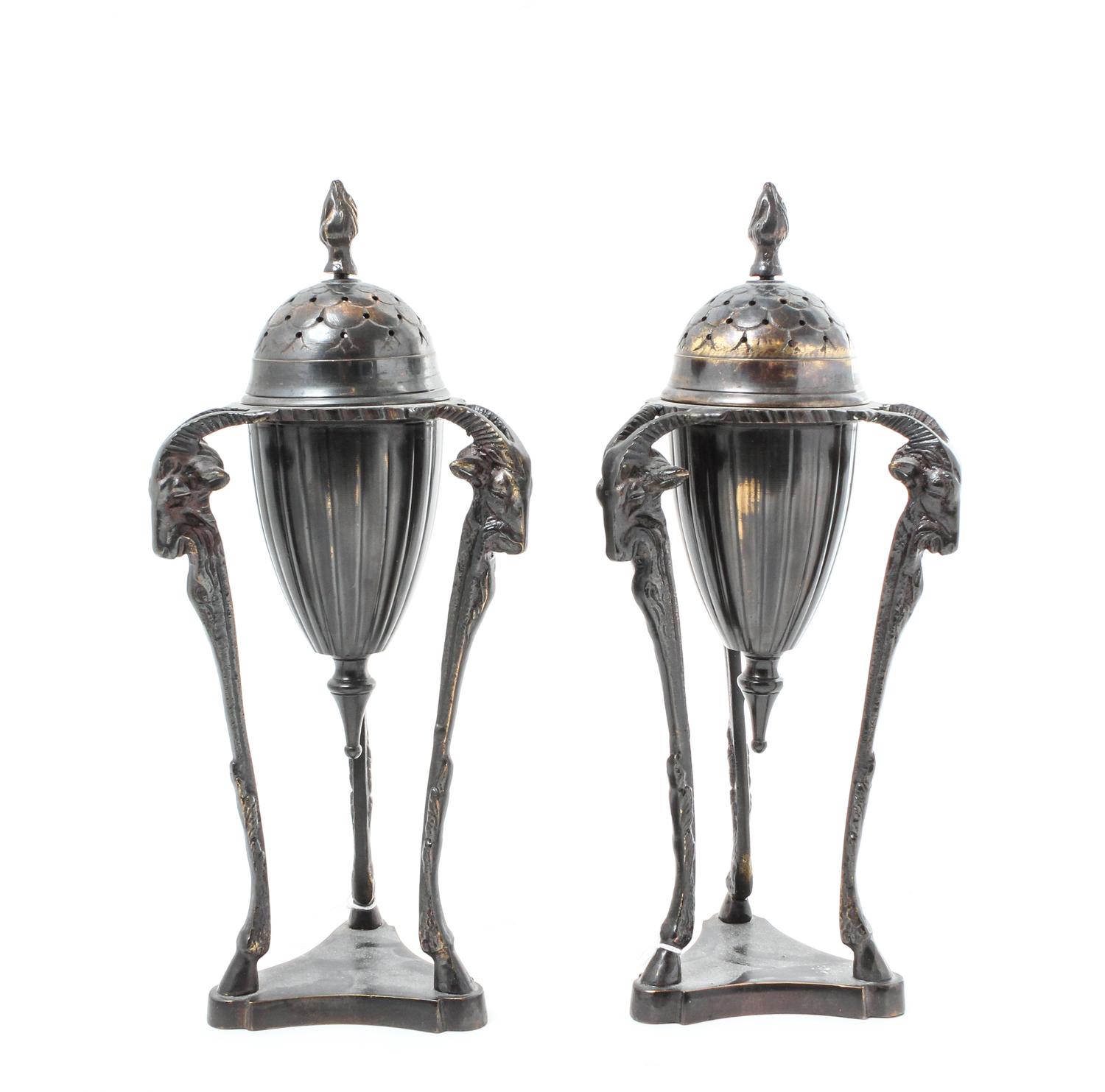 A Pair of Neoclassical Cast Metal Urns on Stand Height overall 11 3/4 inches. — 20TH CENTURY