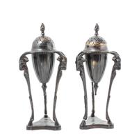 A Pair of Neoclassical Cast Metal Urns on Stand Height overall 11 3/4 inches. — 20TH CENTURY