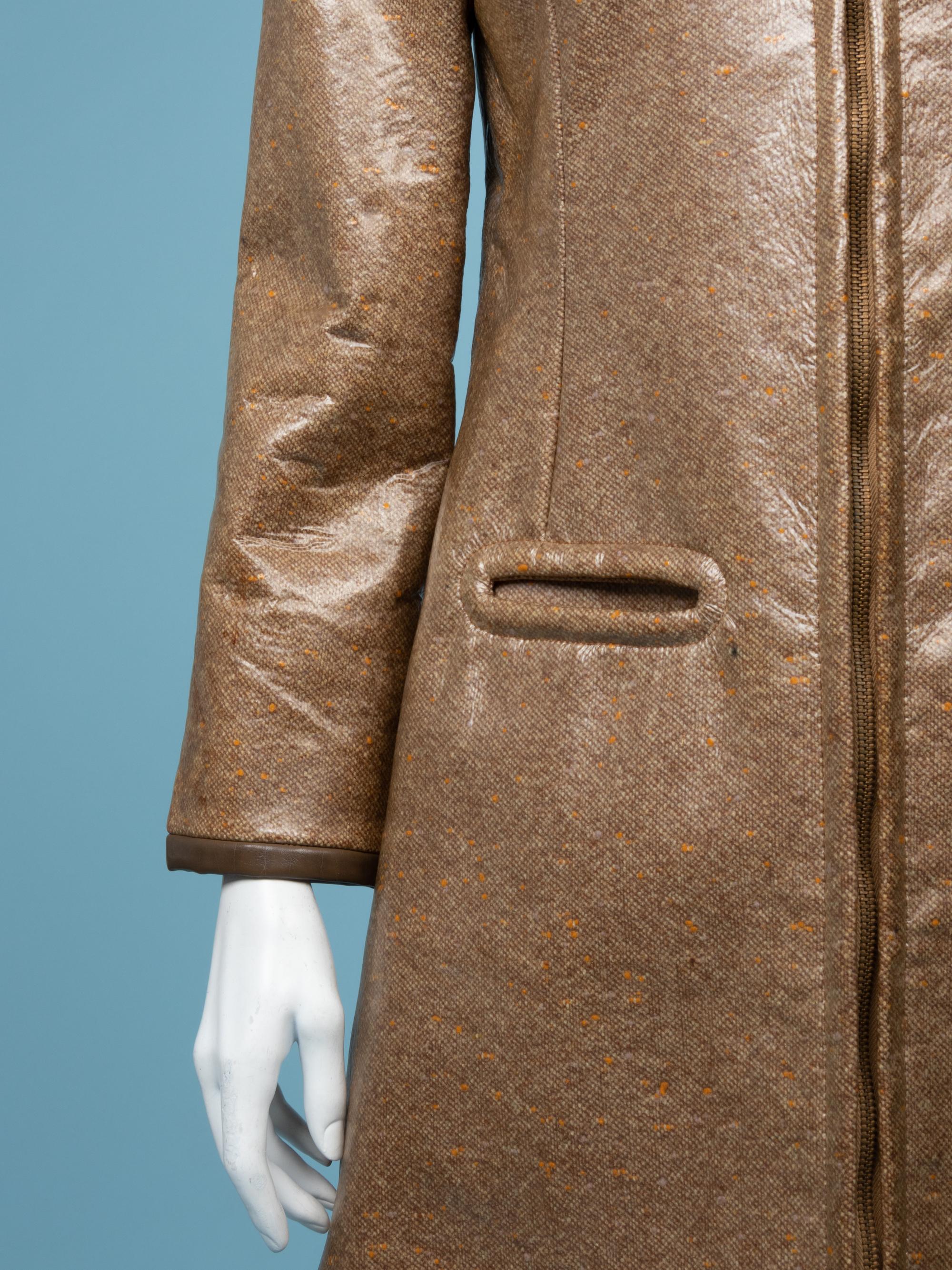 Two Pierre Cardin Coats: One Black, One Brown Vinyl Coated Tweed, 1960-70s